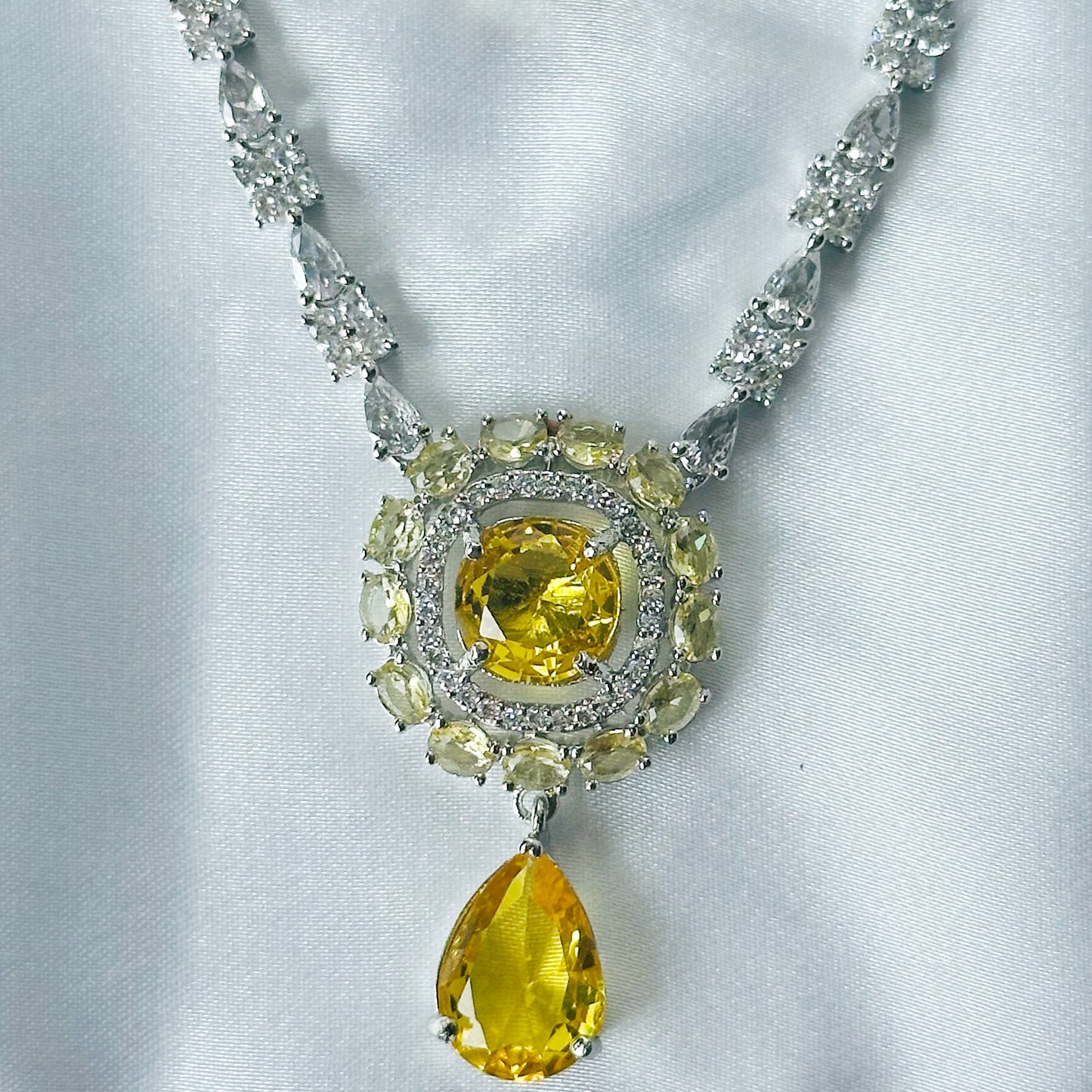 Yellow Topaz Cubic Zircon Stones American Diamond Silver Plated Rani Haar Necklace Set