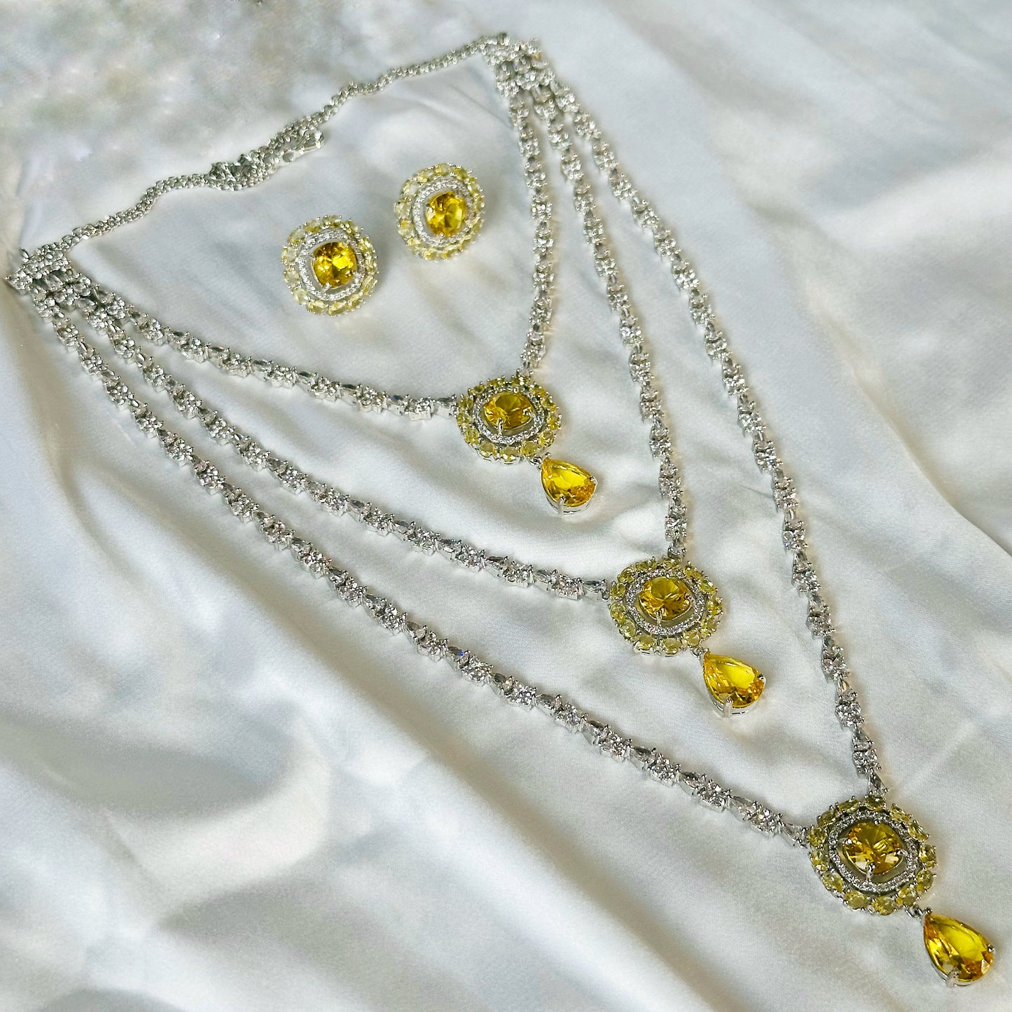 Yellow Topaz Cubic Zircon Stones American Diamond Silver Plated Rani Haar Necklace Set