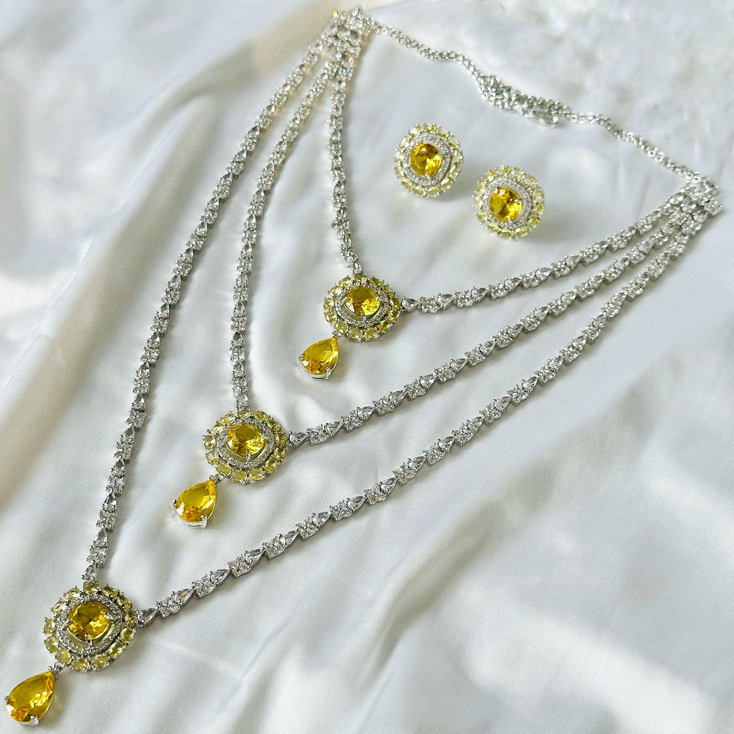 Yellow Topaz Cubic Zircon Stones American Diamond Silver Plated Rani Haar Necklace Set