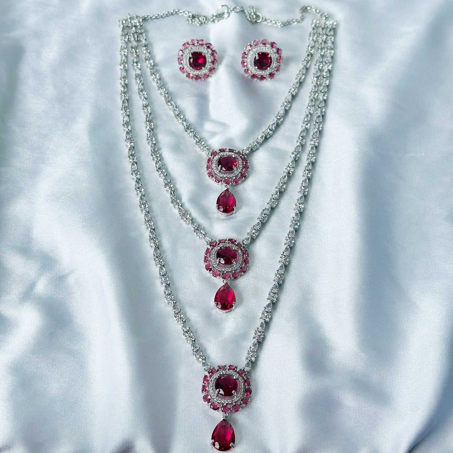 Red Ruby Cubic Zircon Stones American Diamond Silver Plated Rani Haar Necklace Set