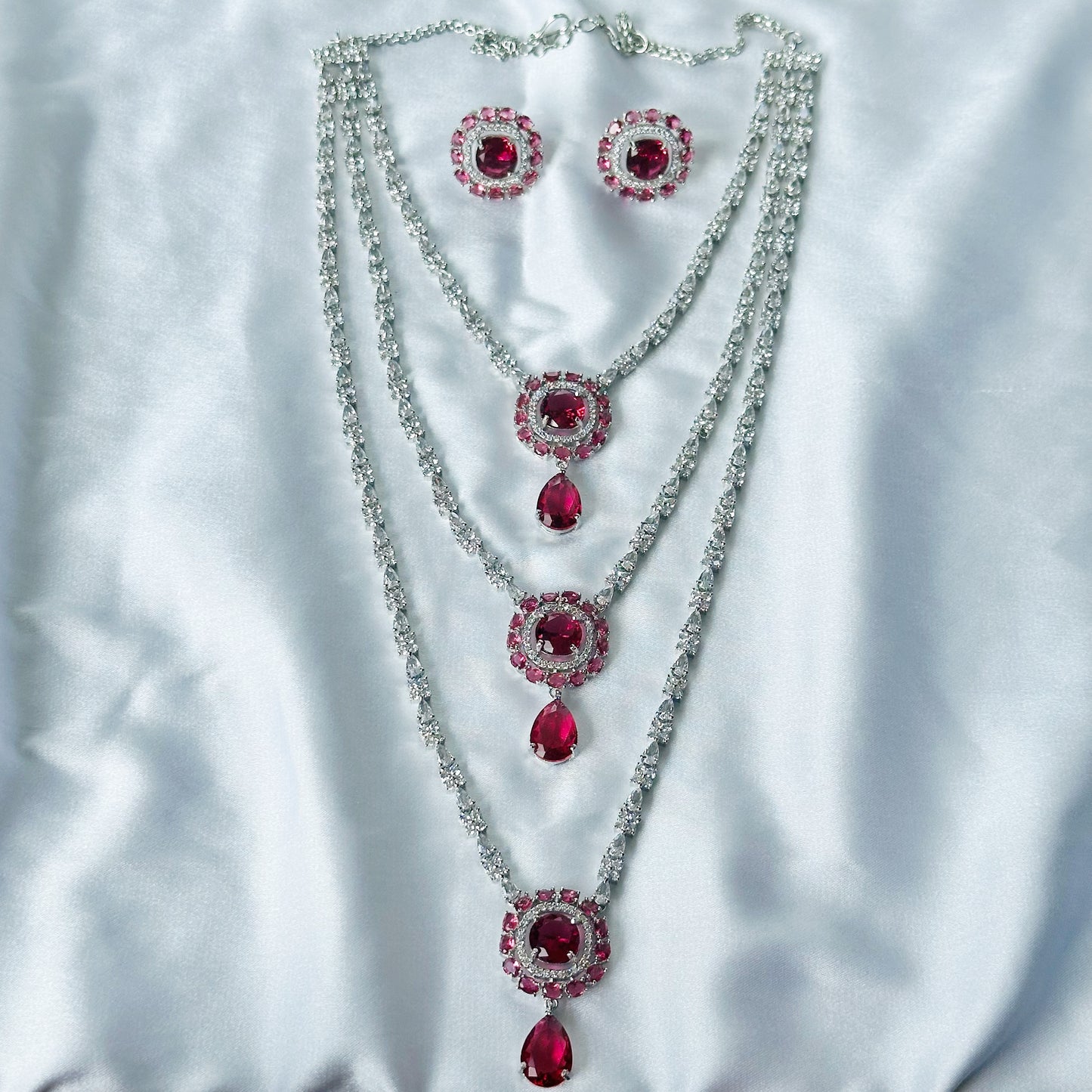 Red Ruby Cubic Zircon Stones American Diamond Silver Plated Rani Haar Necklace Set