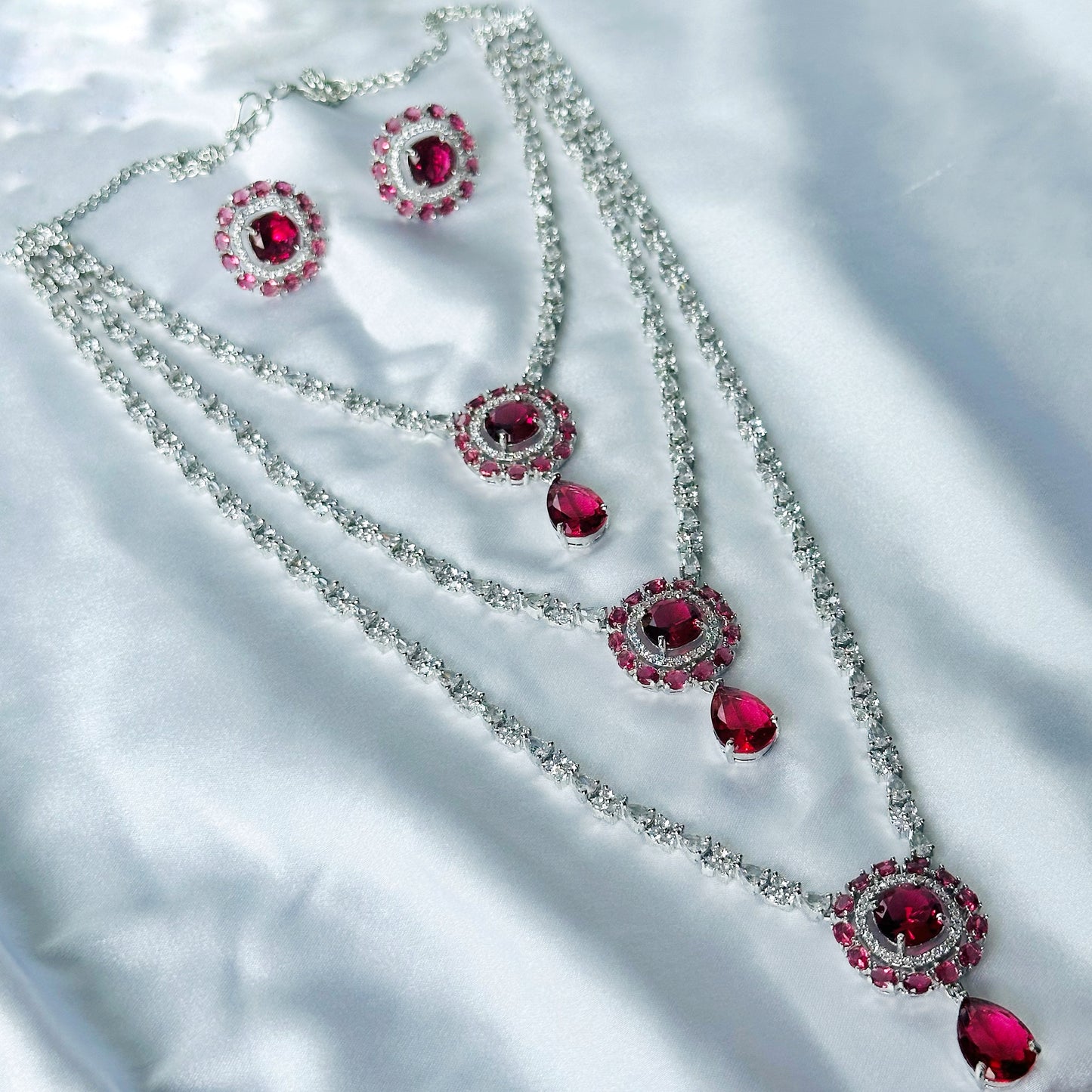 Red Ruby Cubic Zircon Stones American Diamond Silver Plated Rani Haar Necklace Set