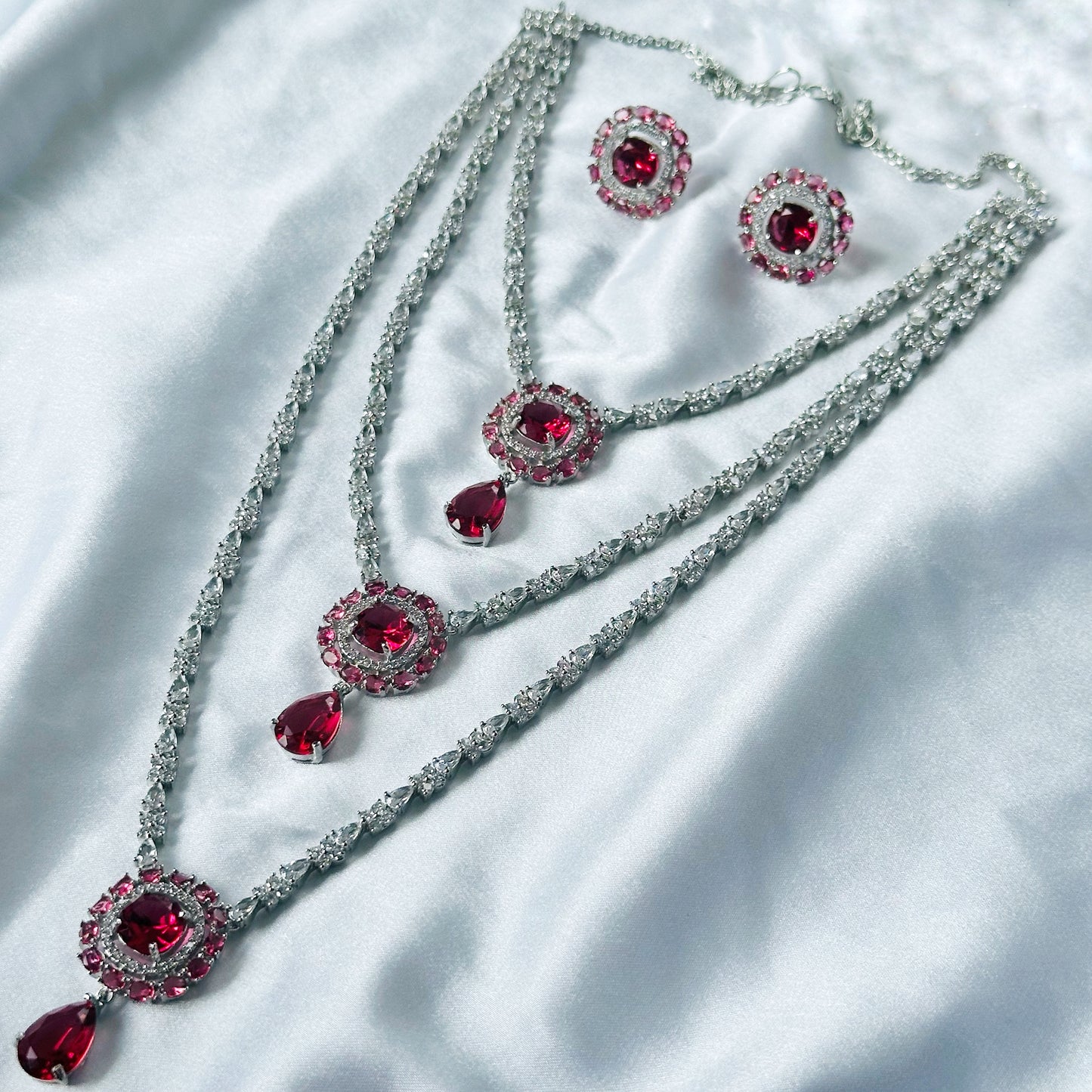 Red Ruby Cubic Zircon Stones American Diamond Silver Plated Rani Haar Necklace Set