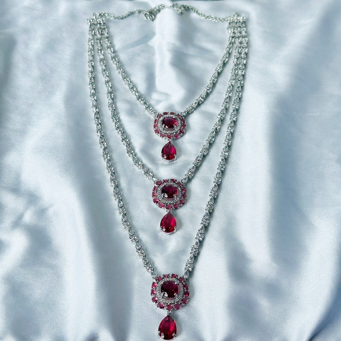 Red Ruby Cubic Zircon Stones American Diamond Silver Plated Rani Haar Necklace Set