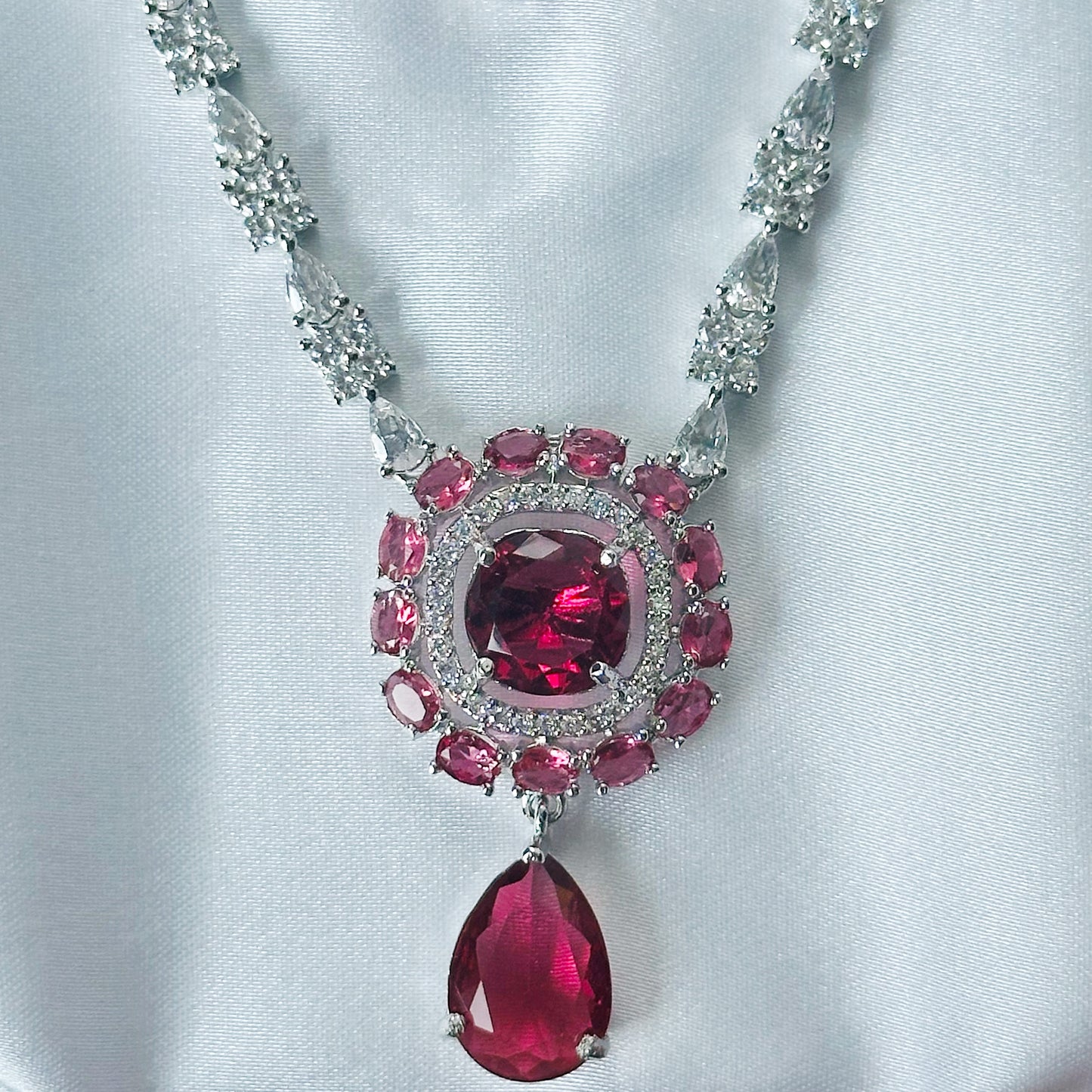 Red Ruby Cubic Zircon Stones American Diamond Silver Plated Rani Haar Necklace Set