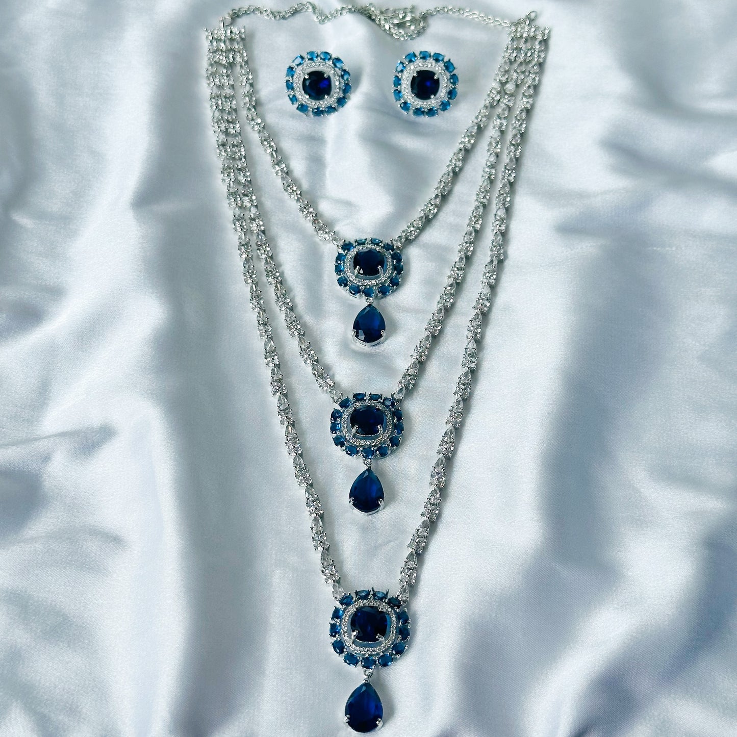 Blue Sapphire Cubic Zircon Stones American Diamond Silver Plated Rani Haar Necklace Set