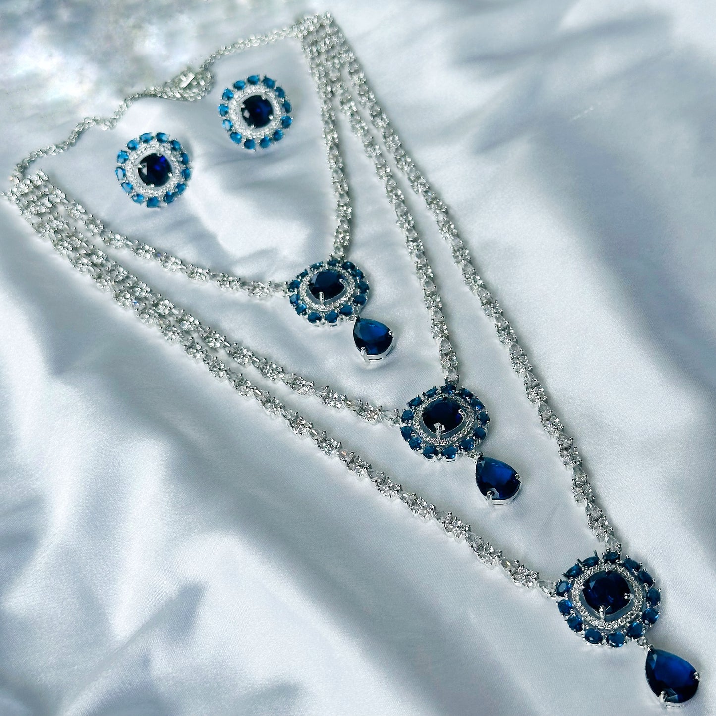Blue Sapphire Cubic Zircon Stones American Diamond Silver Plated Rani Haar Necklace Set