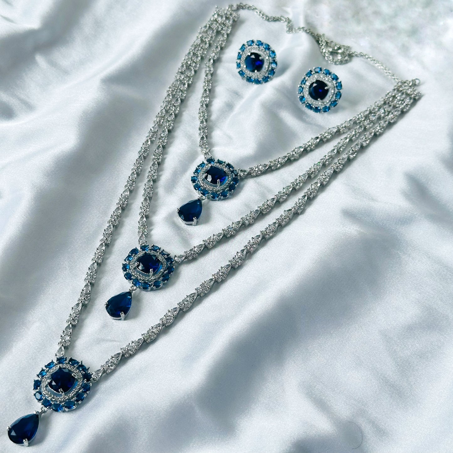 Blue Sapphire Cubic Zircon Stones American Diamond Silver Plated Rani Haar Necklace Set