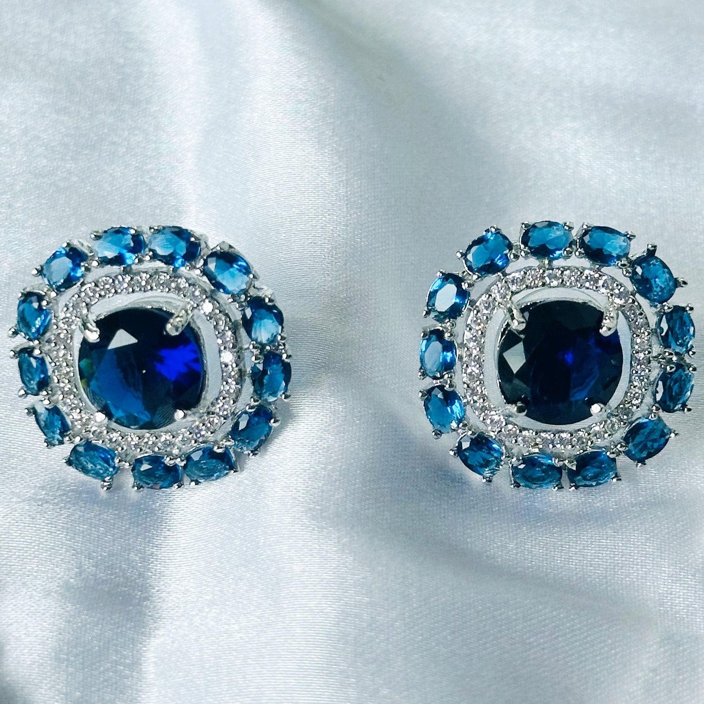 Blue Sapphire Cubic Zircon Stones American Diamond Silver Plated Rani Haar Necklace Set