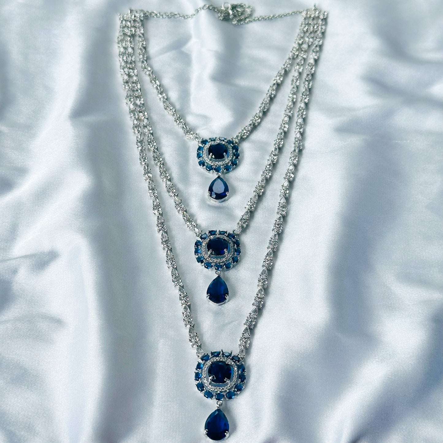 Blue Sapphire Cubic Zircon Stones American Diamond Silver Plated Rani Haar Necklace Set