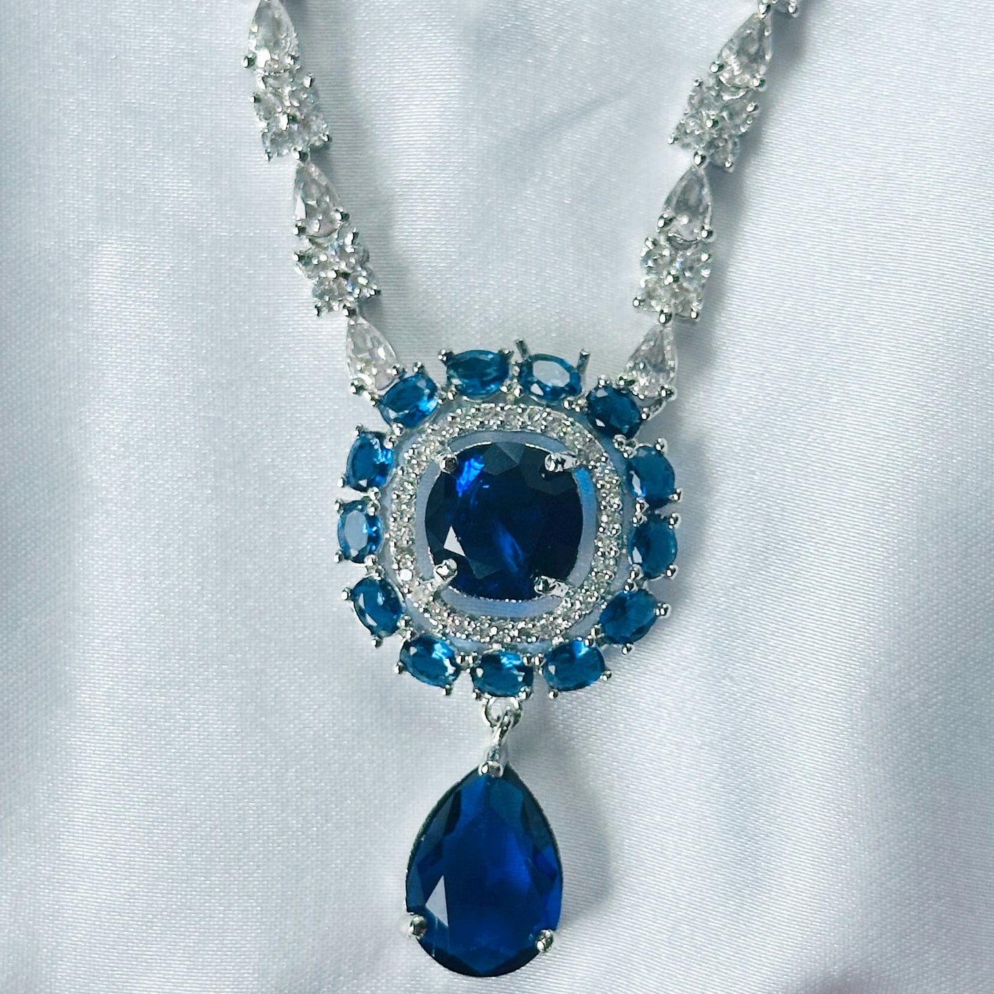 Blue Sapphire Cubic Zircon Stones American Diamond Silver Plated Rani Haar Necklace Set