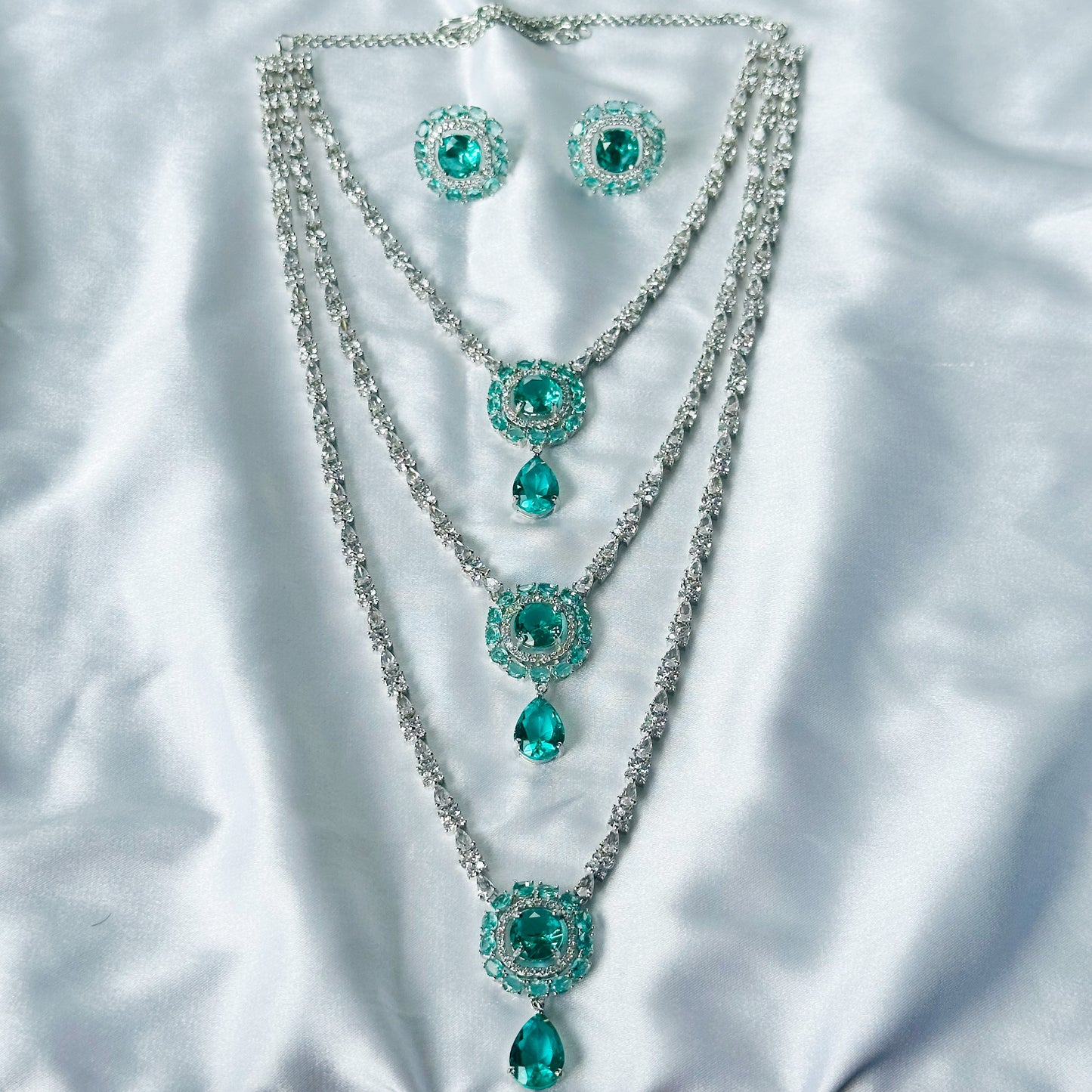 Sea Green Topaz Cubic Zircon Stones American Diamond Silver Plated Rani Haar Necklace Set