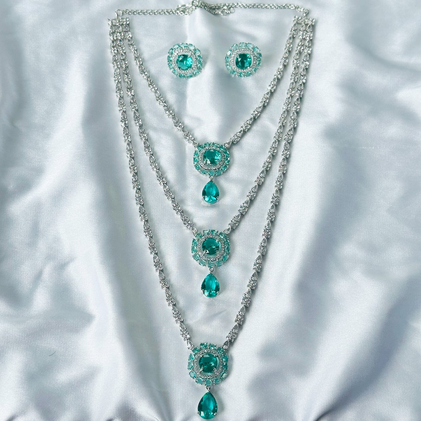 Sea Green Topaz Cubic Zircon Stones American Diamond Silver Plated Rani Haar Necklace Set