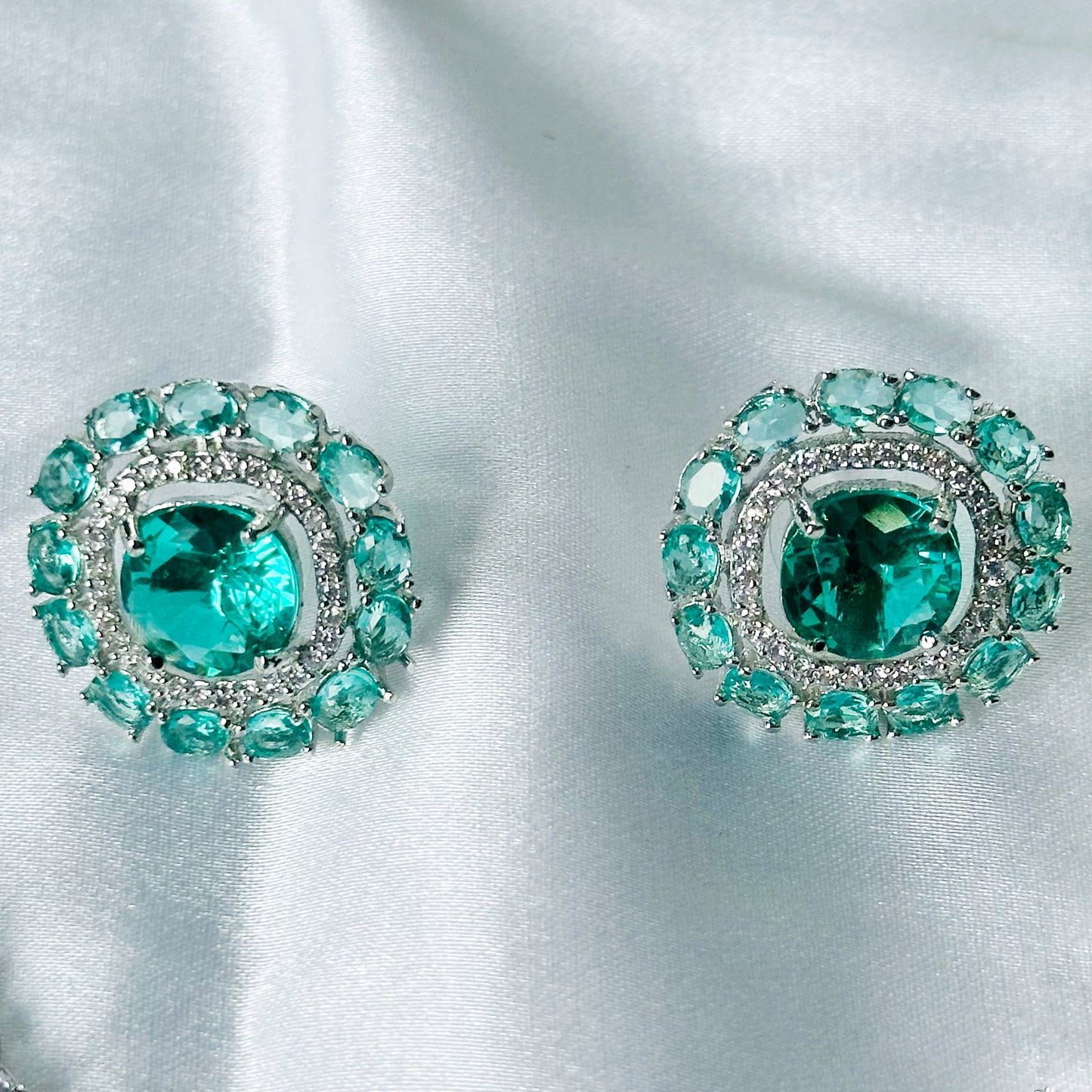 Sea Green Topaz Cubic Zircon Stones American Diamond Silver Plated Rani Haar Necklace Set