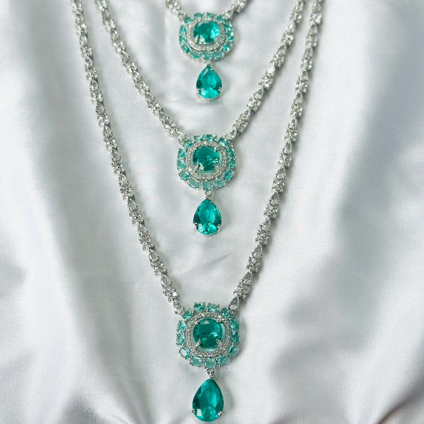 Sea Green Topaz Cubic Zircon Stones American Diamond Silver Plated Rani Haar Necklace Set