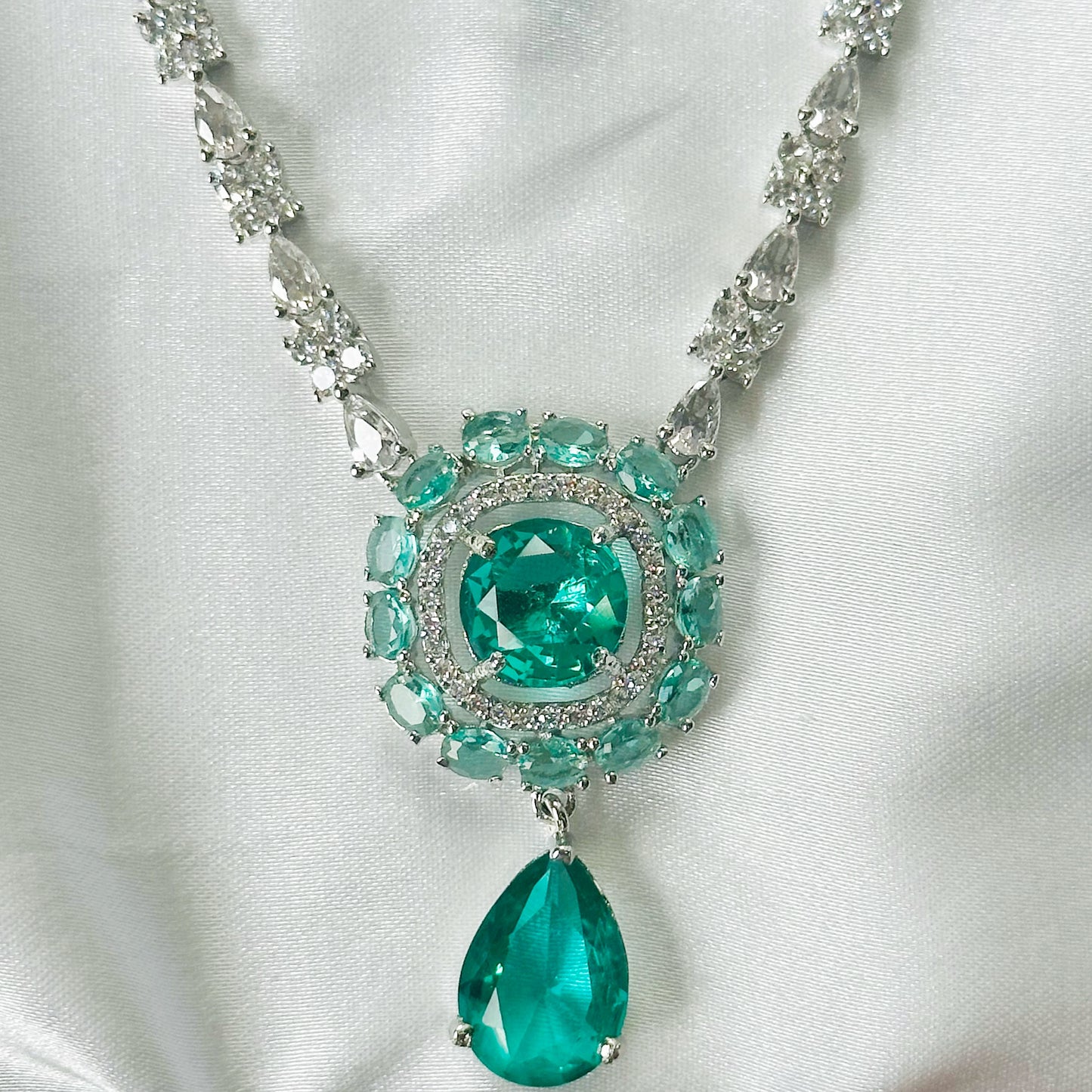 Sea Green Topaz Cubic Zircon Stones American Diamond Silver Plated Rani Haar Necklace Set
