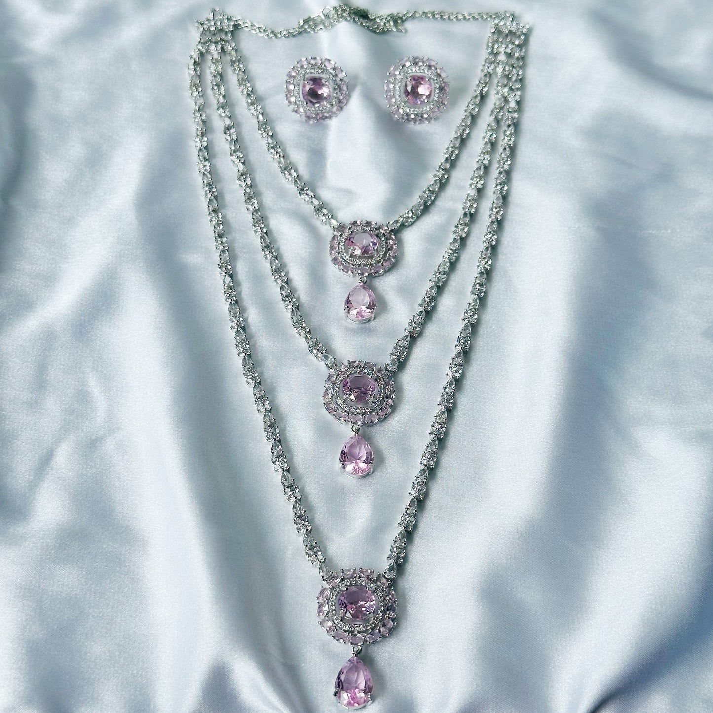 Pink Topaz Cubic Zircon Stones American Diamond Silver Plated Rani Haar Necklace Set