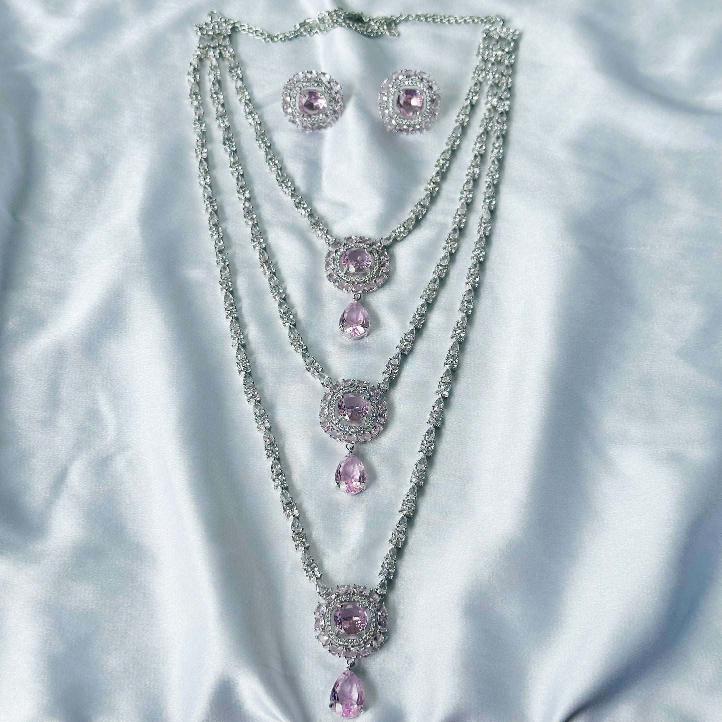 Pink Topaz Cubic Zircon Stones American Diamond Silver Plated Rani Haar Necklace Set