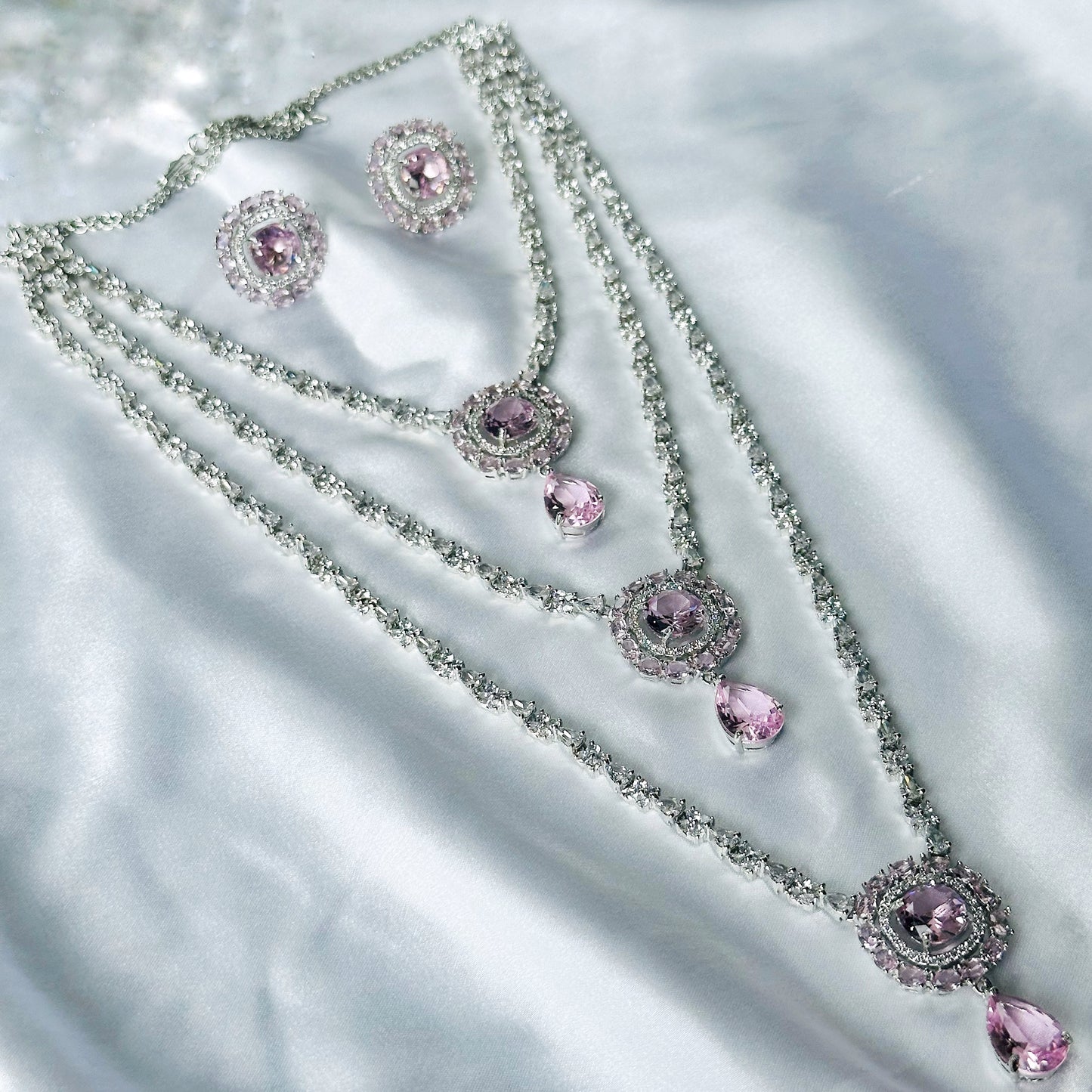 Pink Topaz Cubic Zircon Stones American Diamond Silver Plated Rani Haar Necklace Set