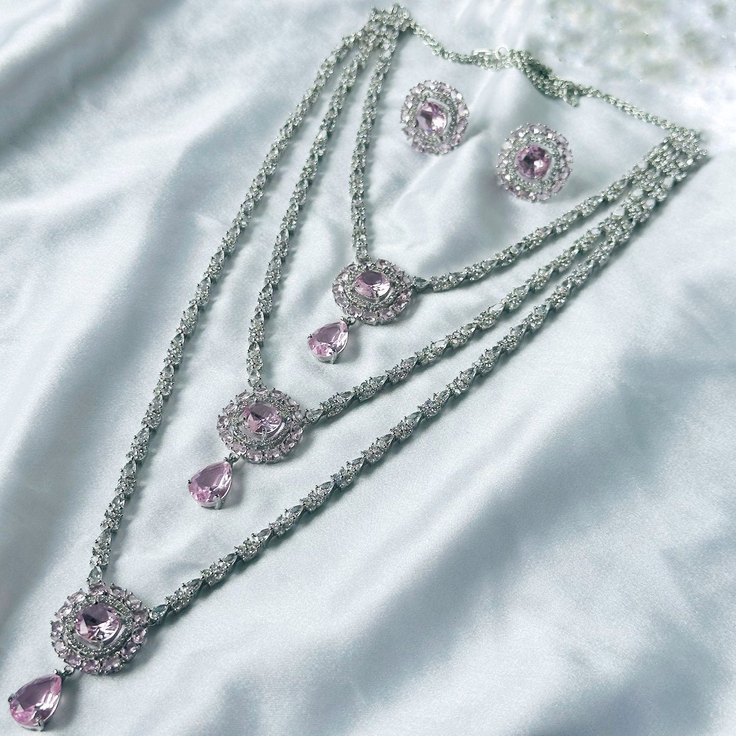 Pink Topaz Cubic Zircon Stones American Diamond Silver Plated Rani Haar Necklace Set