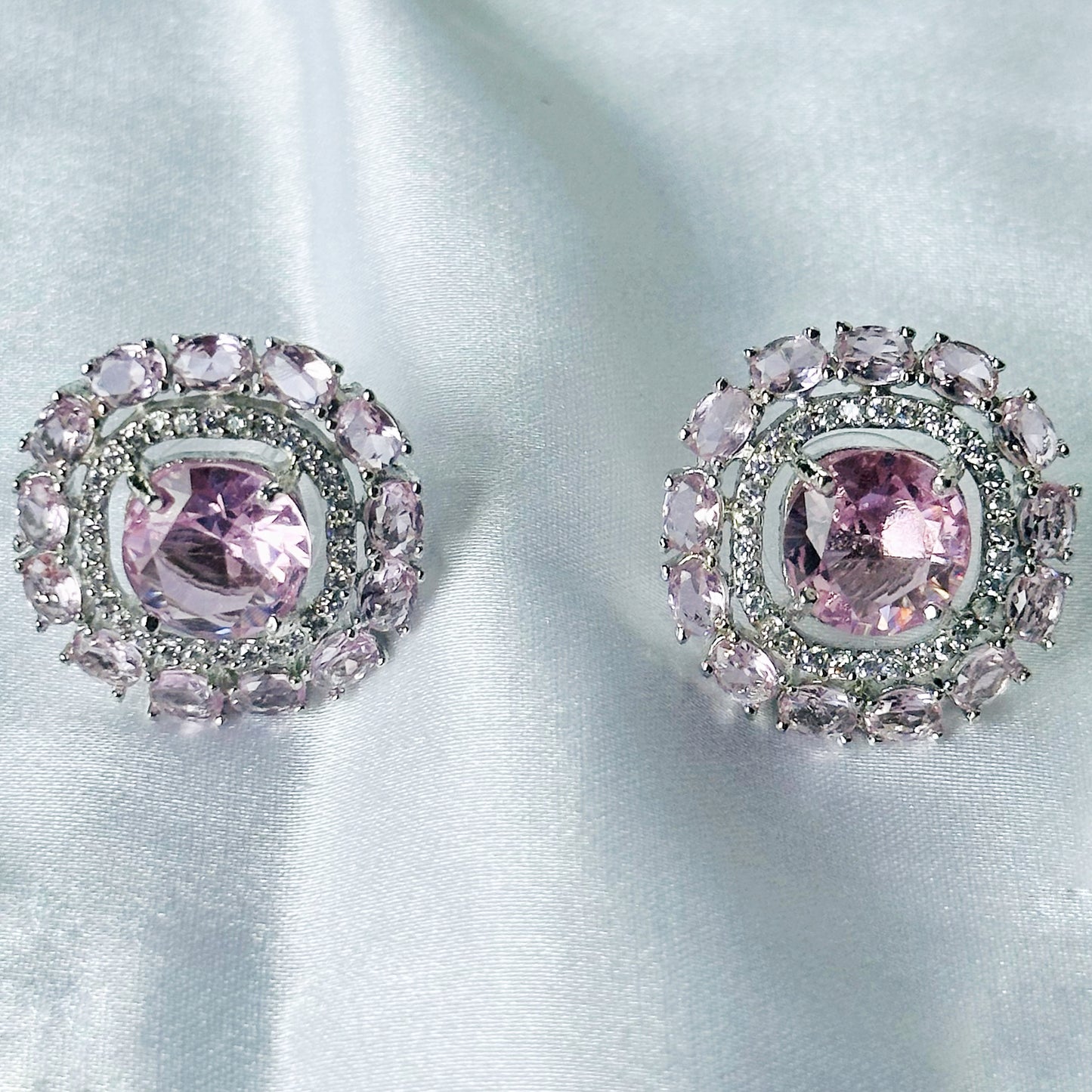 Pink Topaz Cubic Zircon Stones American Diamond Silver Plated Rani Haar Necklace Set