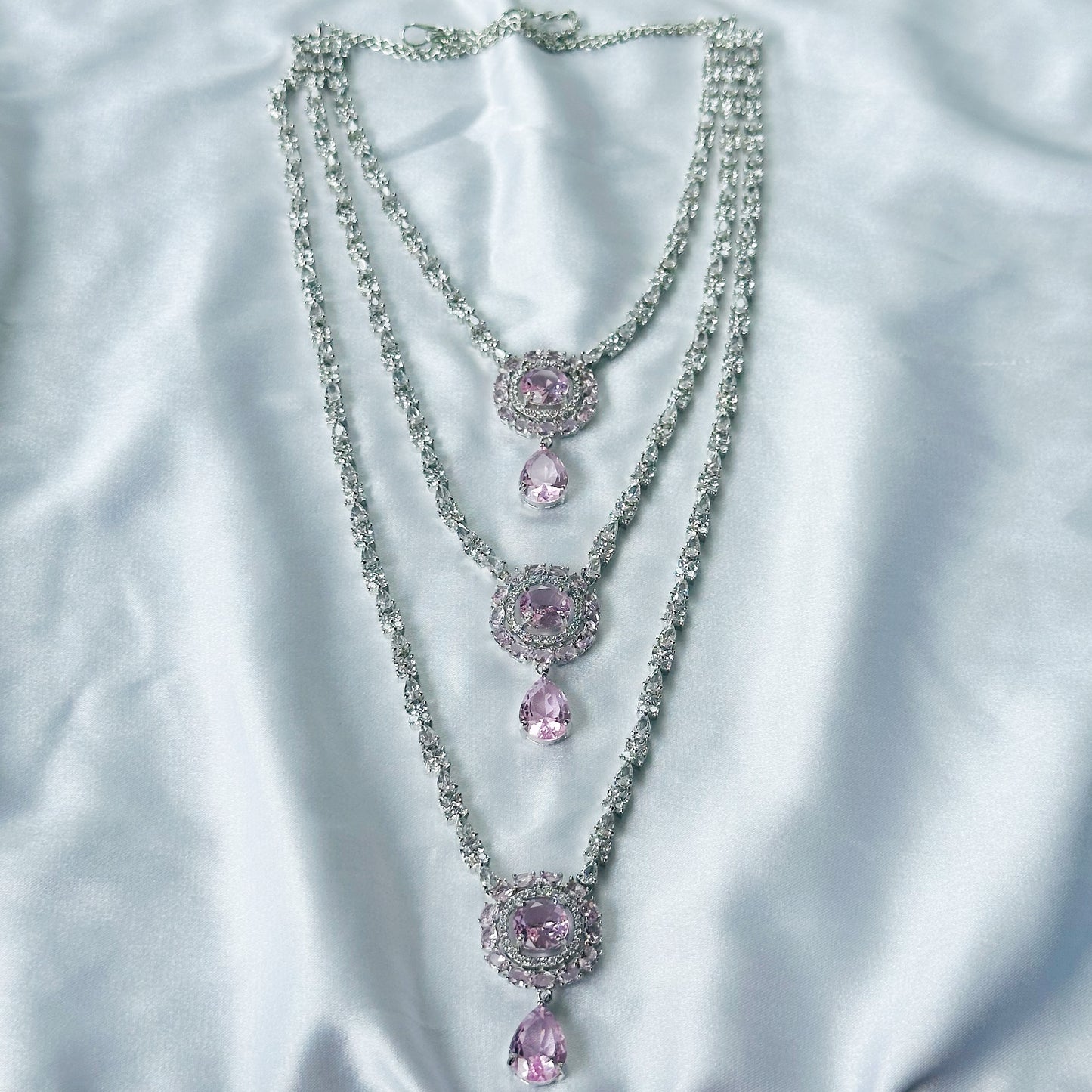 Pink Topaz Cubic Zircon Stones American Diamond Silver Plated Rani Haar Necklace Set