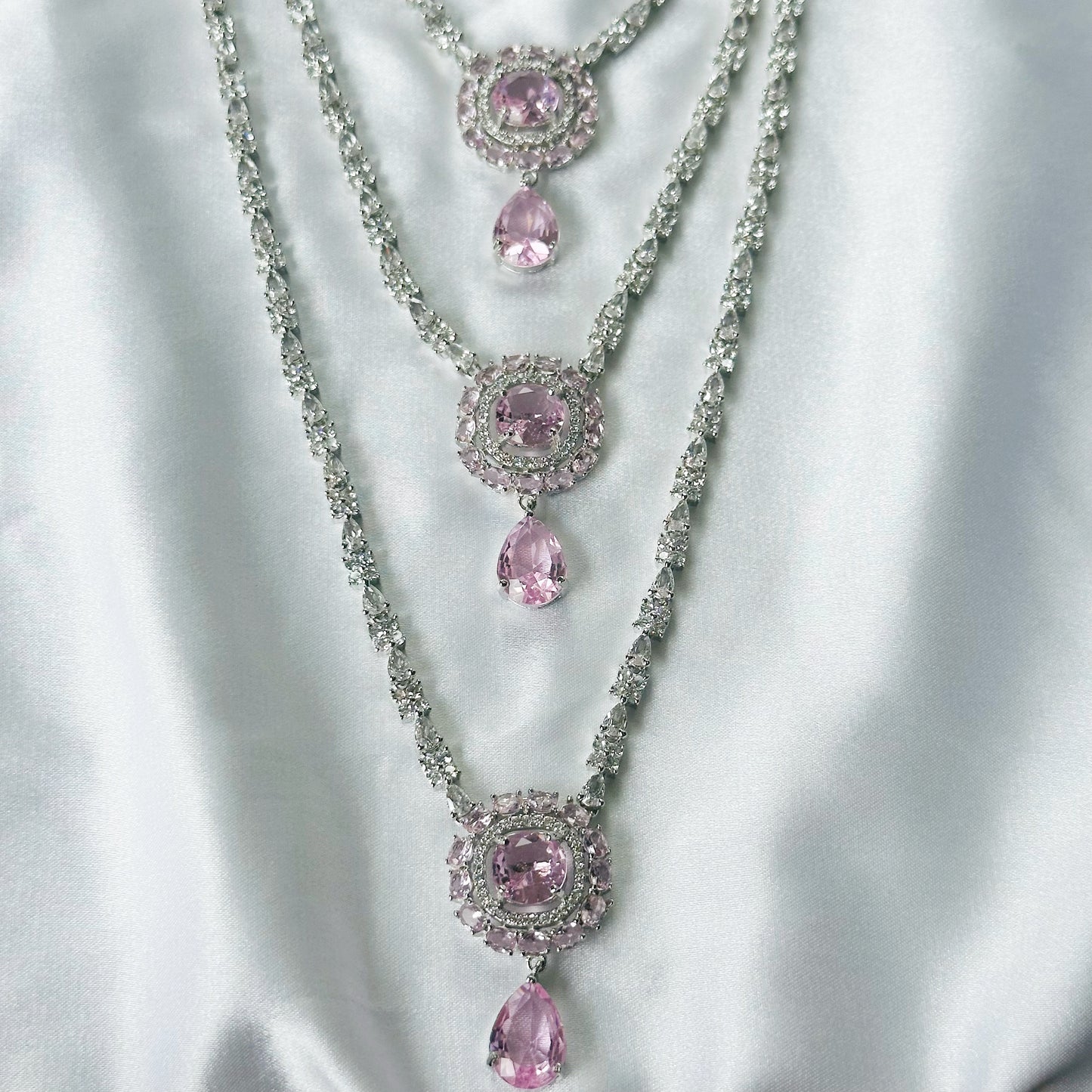 Pink Topaz Cubic Zircon Stones American Diamond Silver Plated Rani Haar Necklace Set