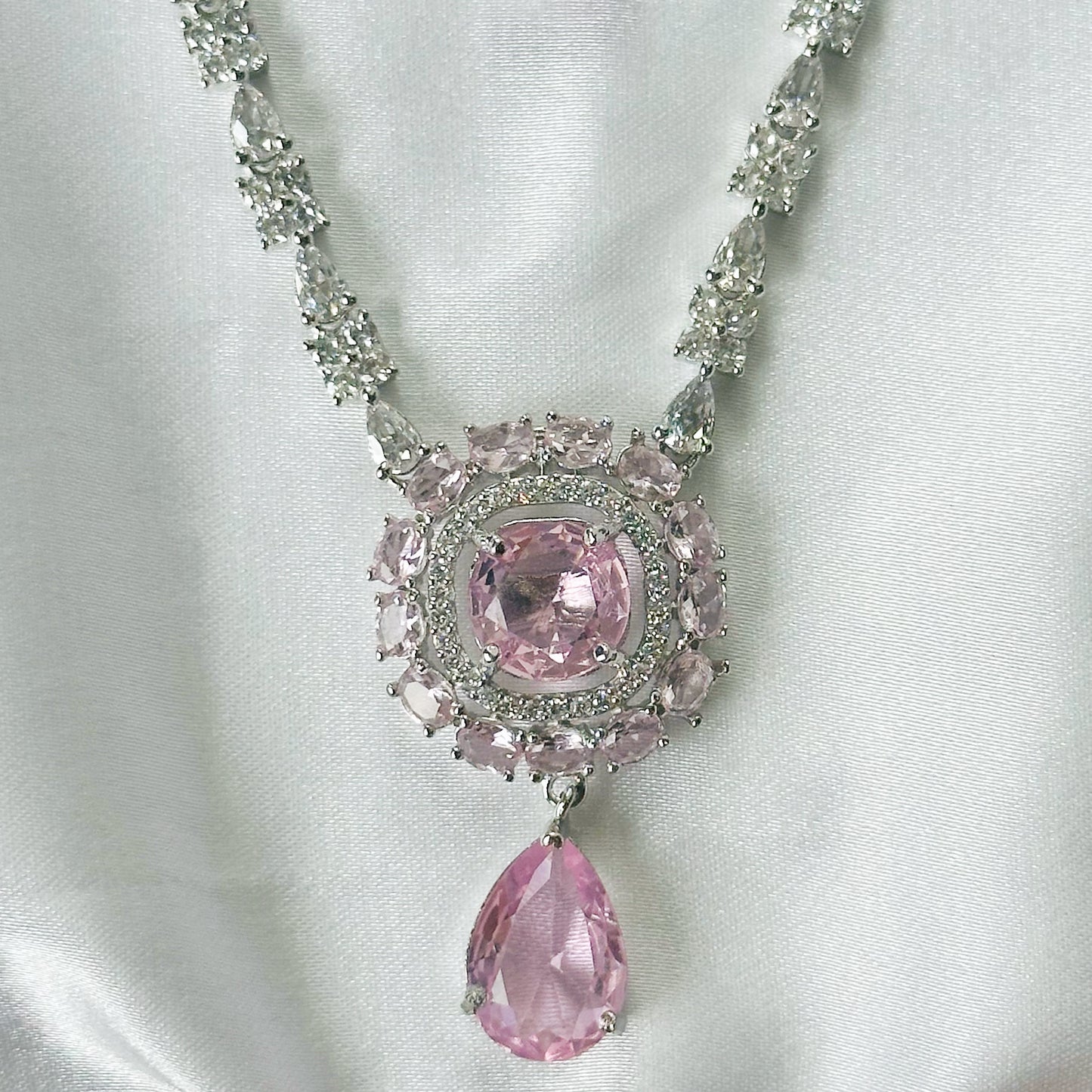 Pink Topaz Cubic Zircon Stones American Diamond Silver Plated Rani Haar Necklace Set