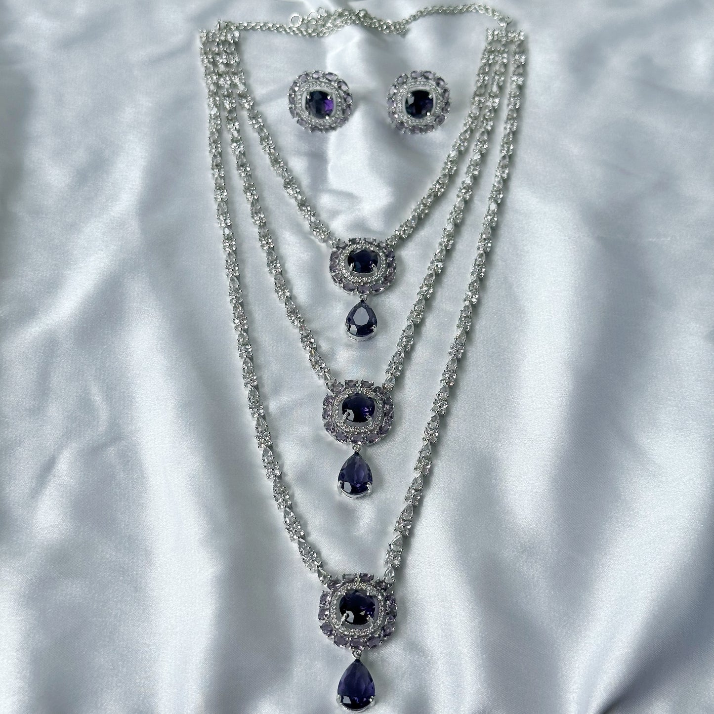 Deep Purple Amethyst Cubic Zircon Stones American Diamond Silver Plated Rani Haar Necklace Set