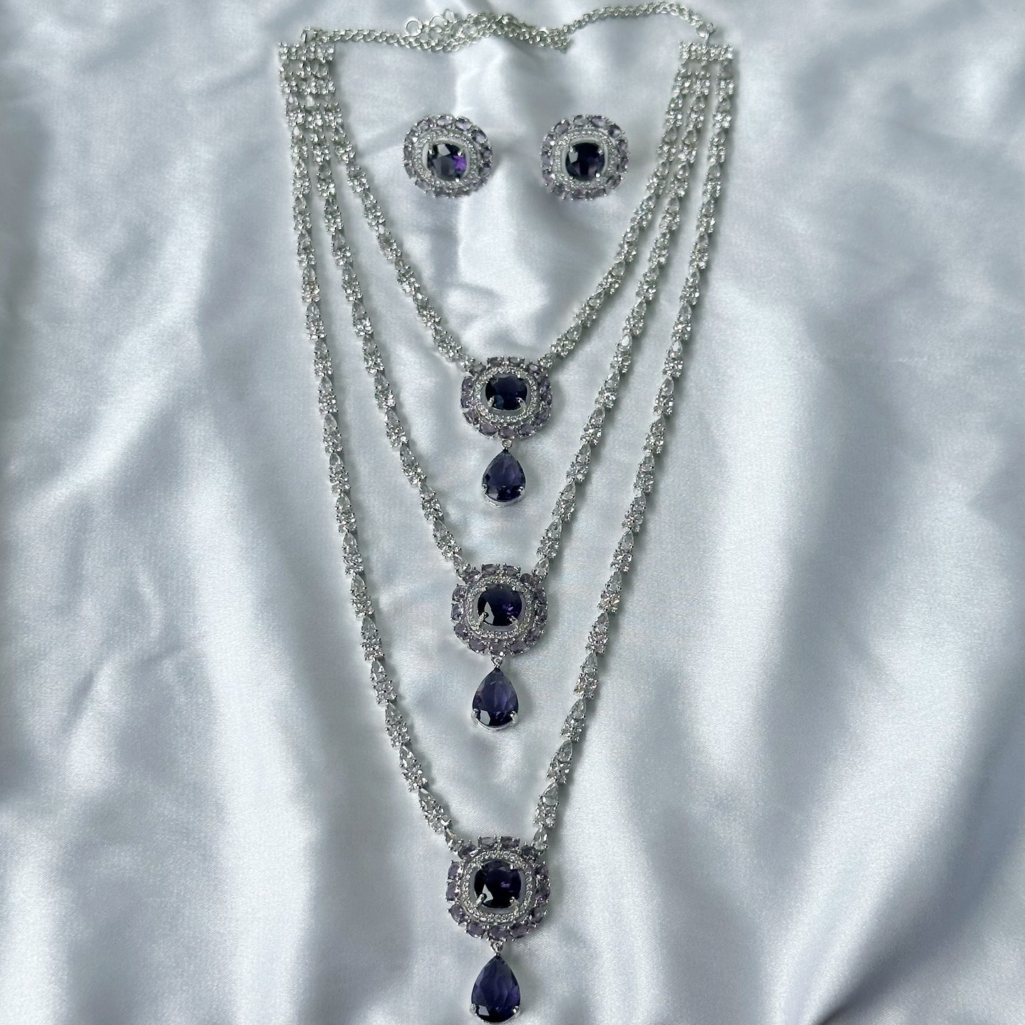 Deep Purple Amethyst Cubic Zircon Stones American Diamond Silver Plated Rani Haar Necklace Set