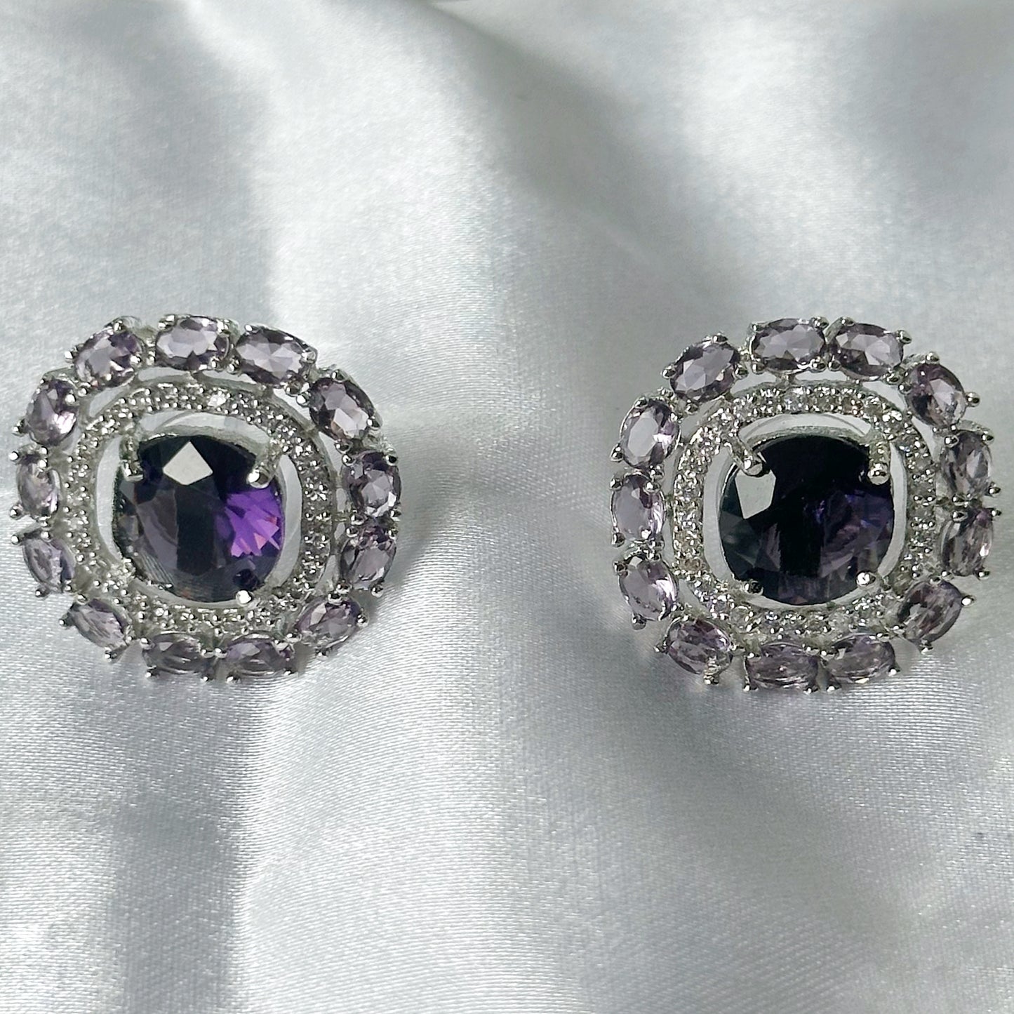 Deep Purple Amethyst Cubic Zircon Stones American Diamond Silver Plated Rani Haar Necklace Set