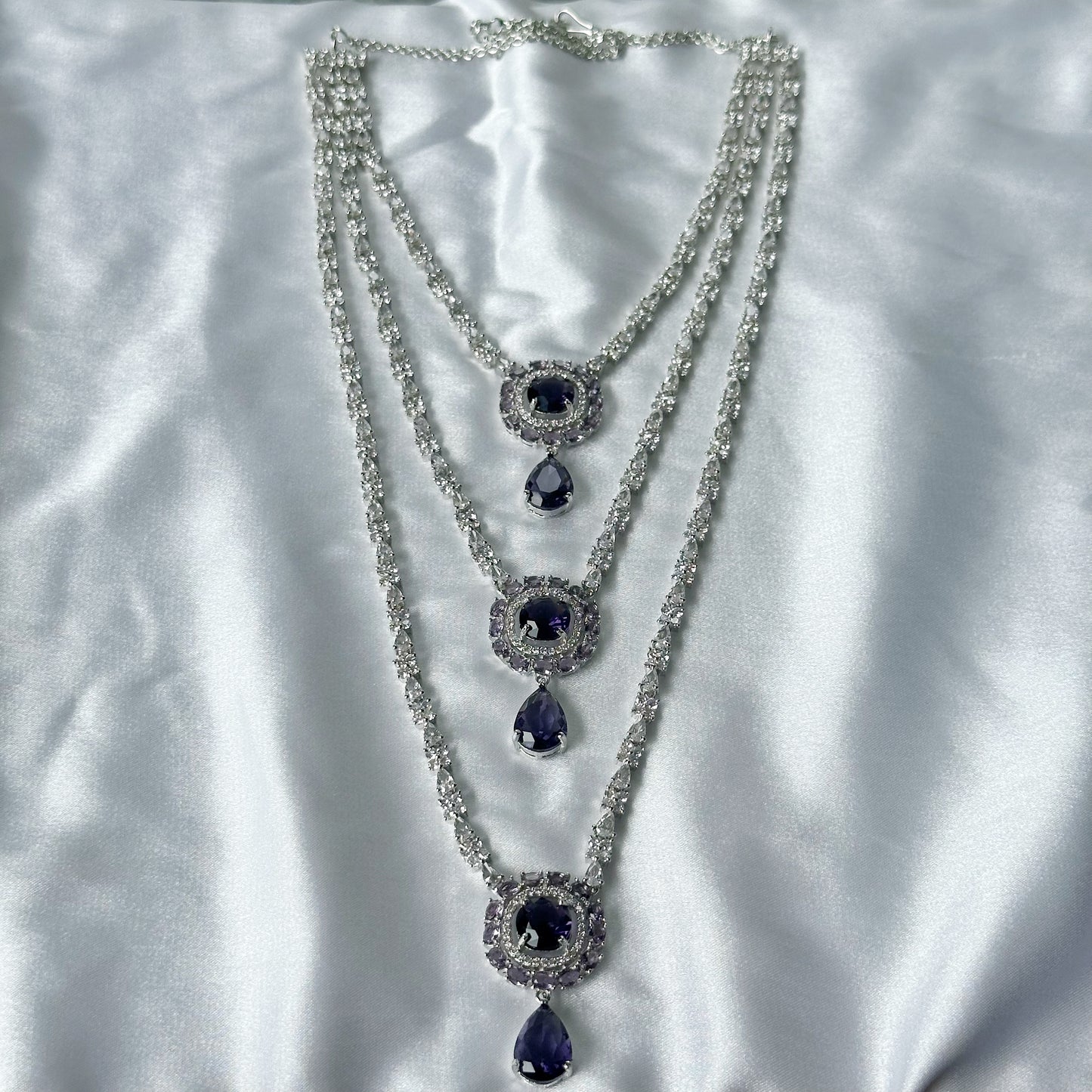 Deep Purple Amethyst Cubic Zircon Stones American Diamond Silver Plated Rani Haar Necklace Set