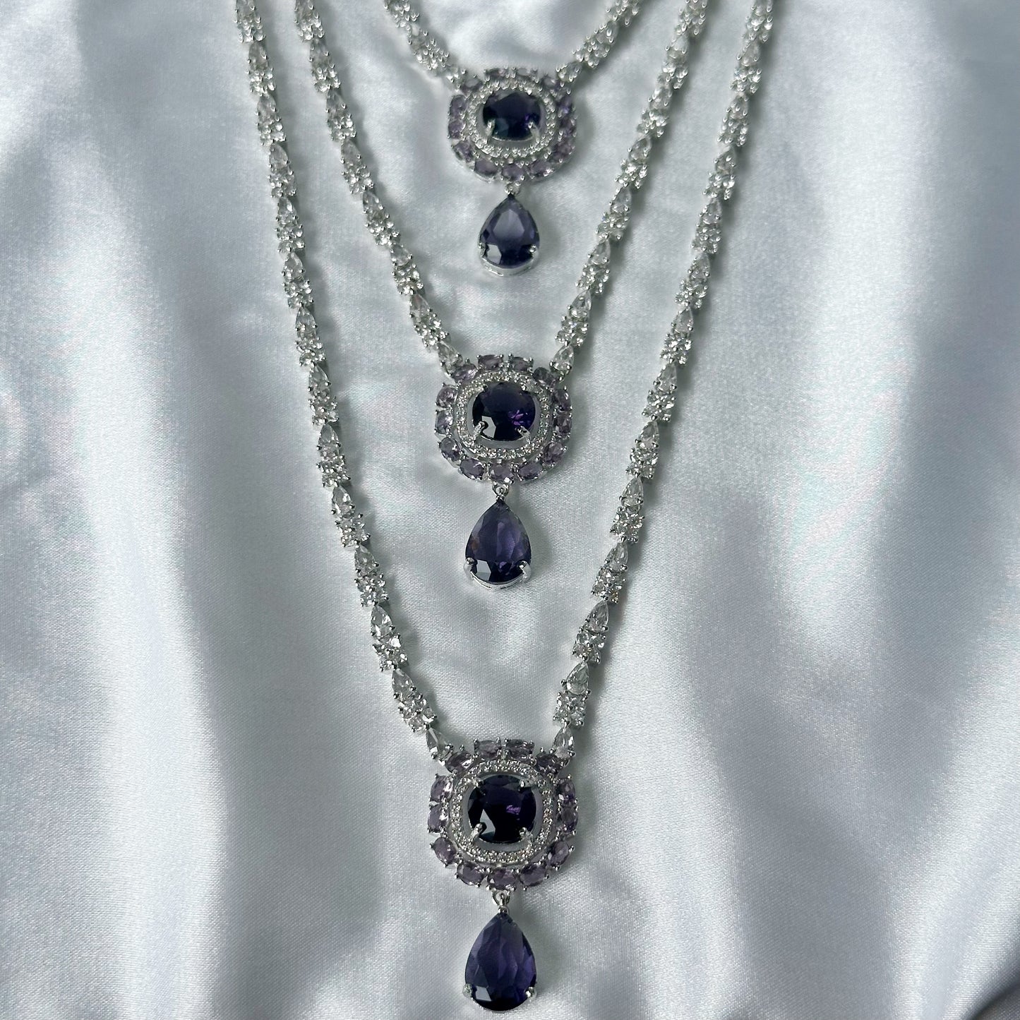 Deep Purple Amethyst Cubic Zircon Stones American Diamond Silver Plated Rani Haar Necklace Set