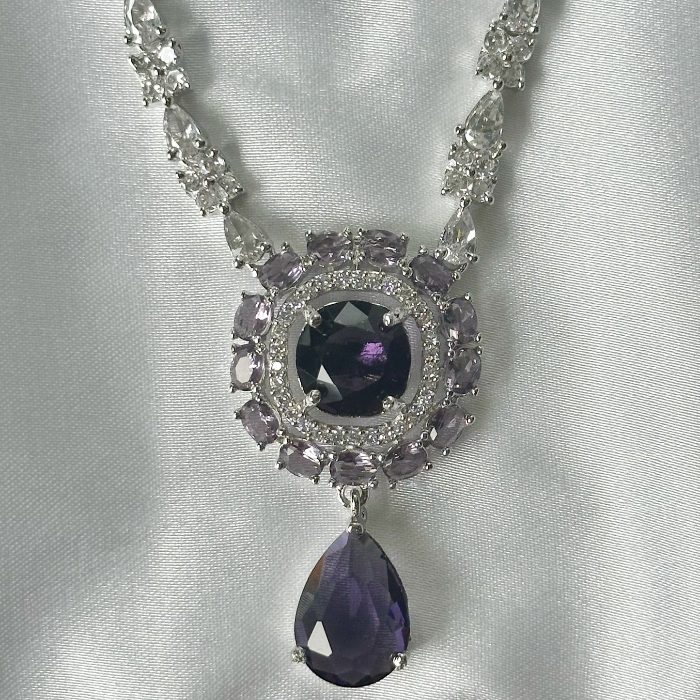 Purple Amethyst Cubic Zirconia American Diamond Silver Plated Necklace Set