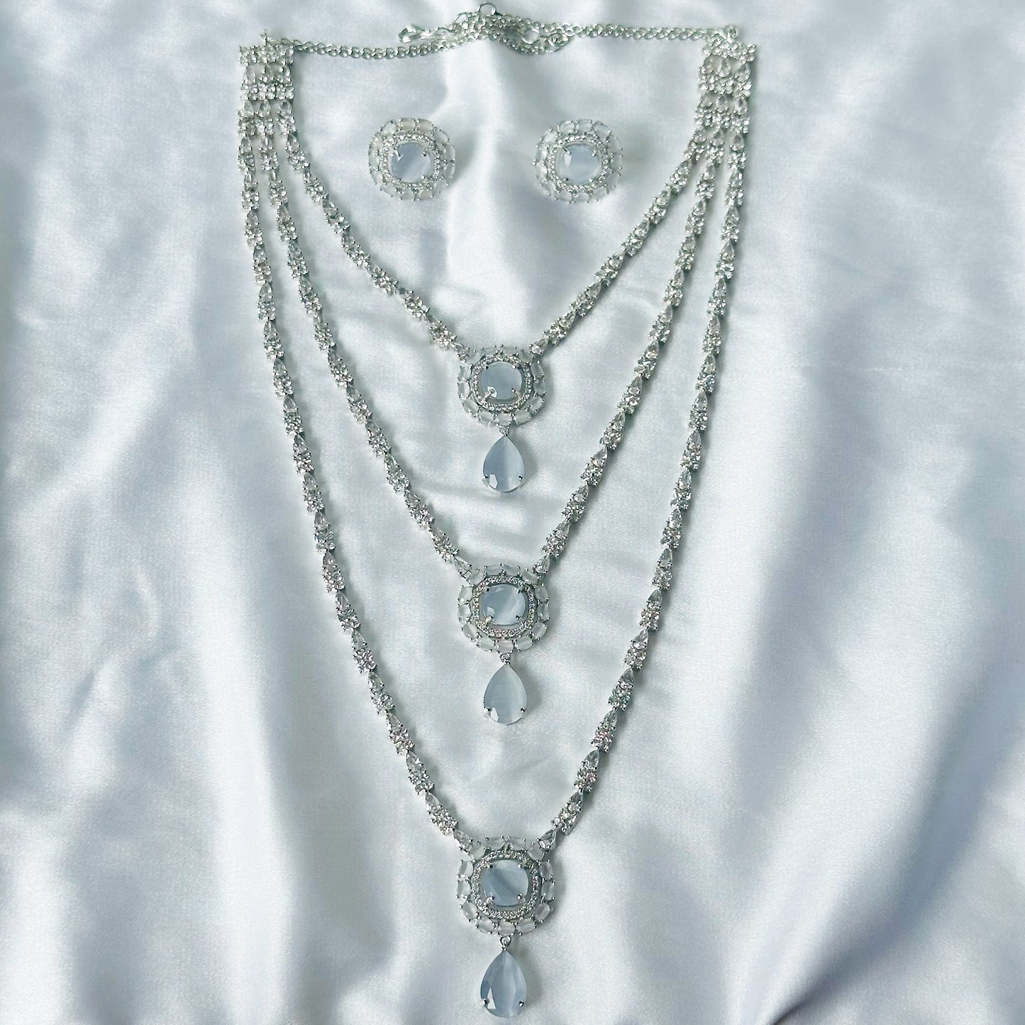 Grey Zircon Stones American Diamond Silver Plated Rani Haar Necklace Set