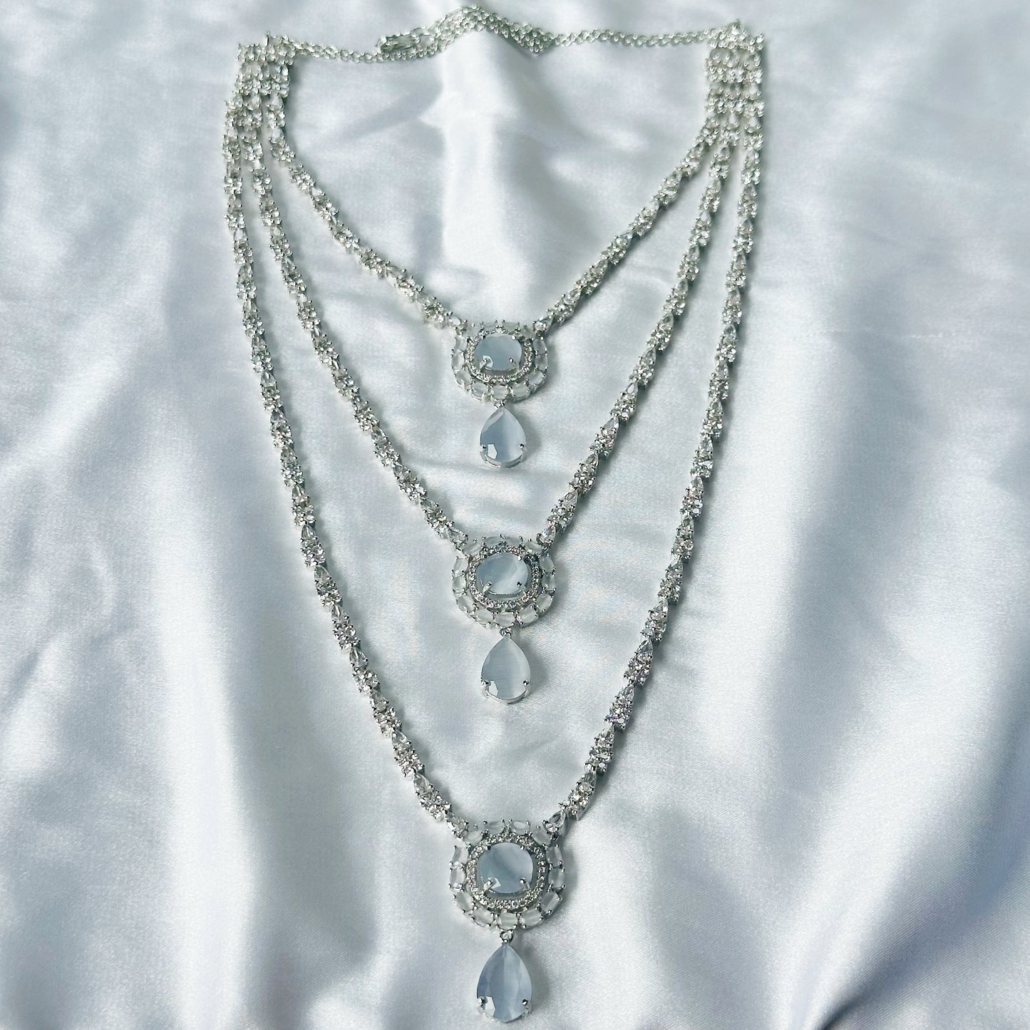 Grey Zircon Stones American Diamond Silver Plated Rani Haar Necklace Set