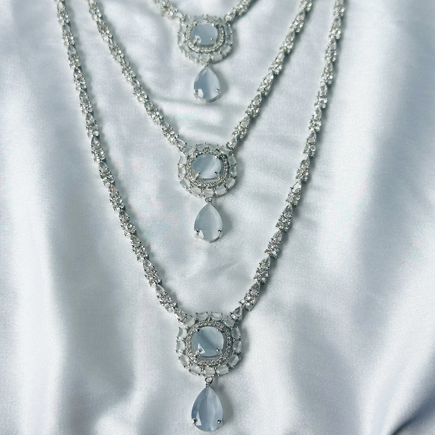 Grey Zircon Stones American Diamond Silver Plated Rani Haar Necklace Set