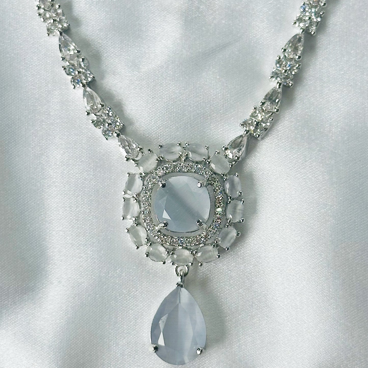 Grey Zircon Stones American Diamond Silver Plated Rani Haar Necklace Set