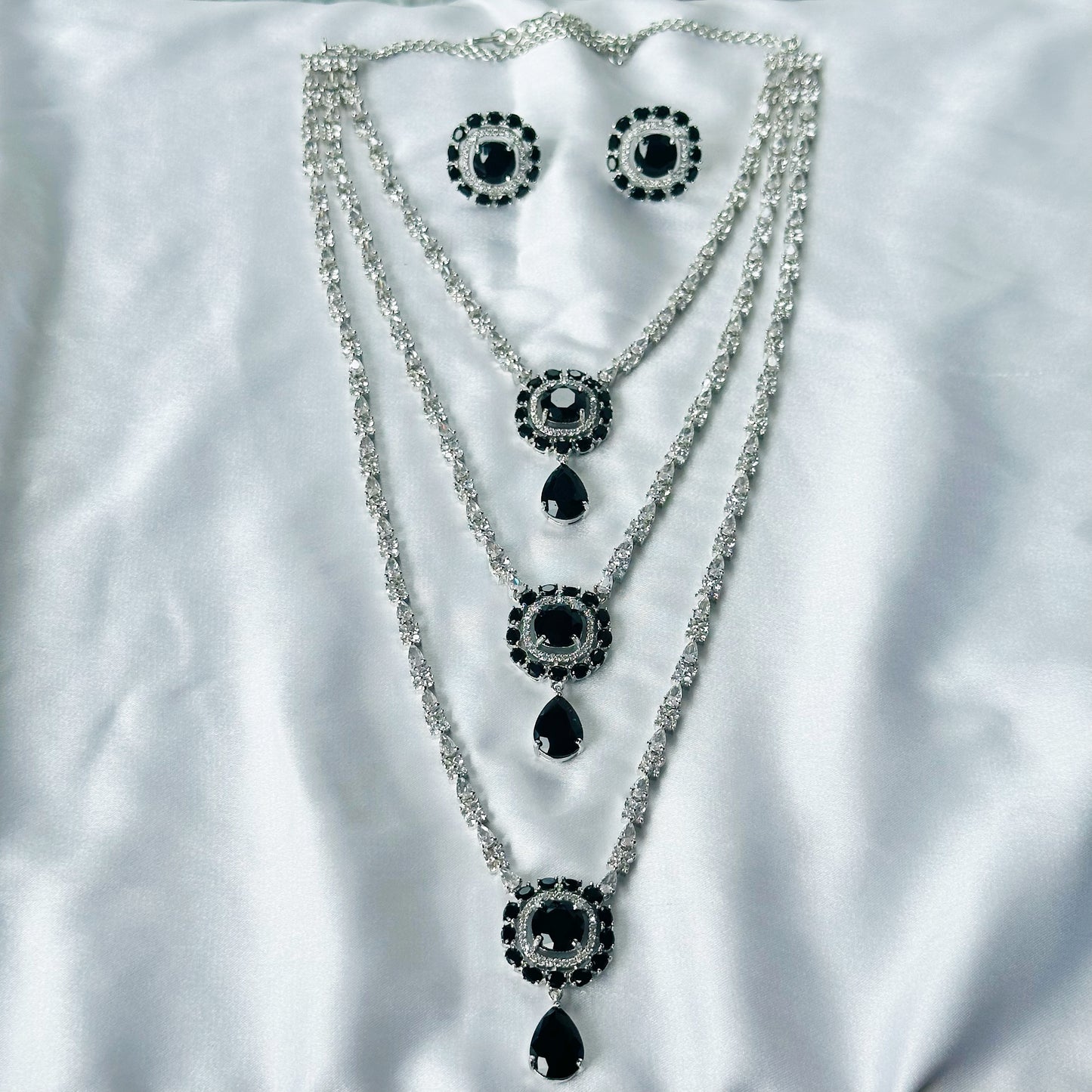 Black Zircon Stones American Diamond Silver Plated Rani Haar Necklace Set
