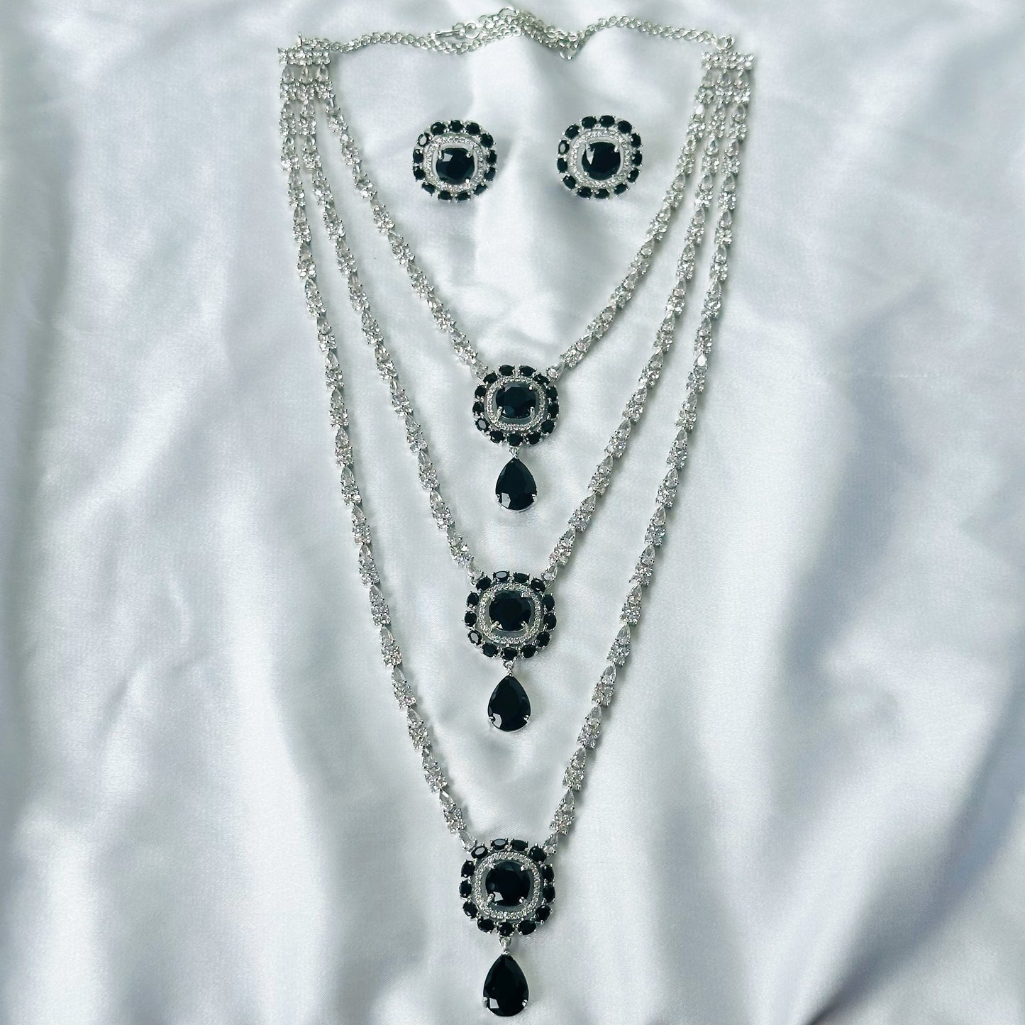 Black Zircon Stones American Diamond Silver Plated Rani Haar Necklace Set