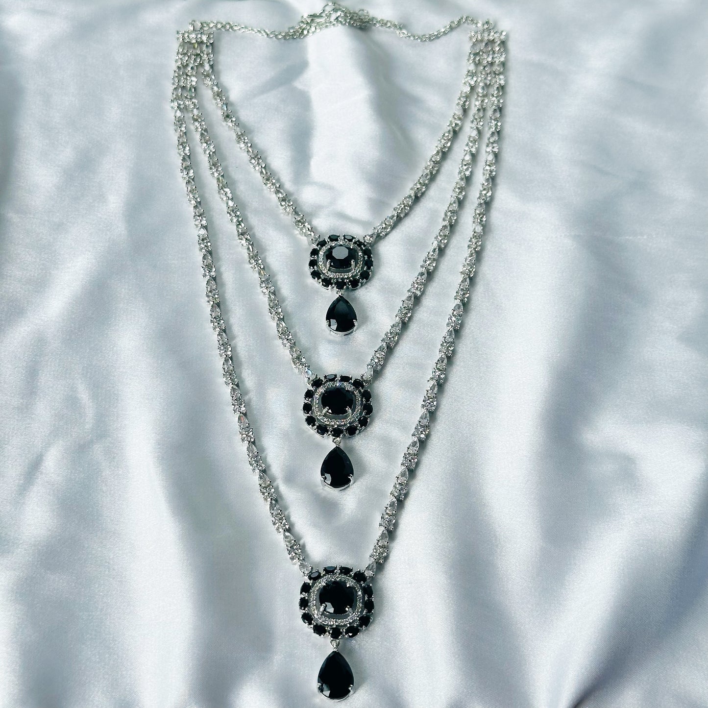 Black Zircon Stones American Diamond Silver Plated Rani Haar Necklace Set