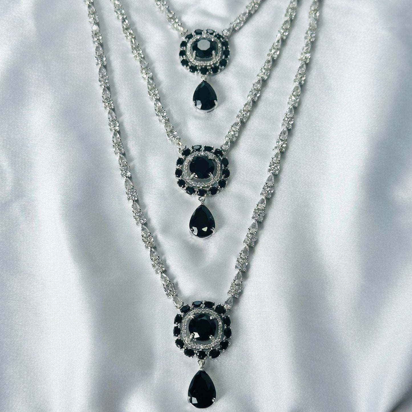 Black Zircon Stones American Diamond Silver Plated Rani Haar Necklace Set