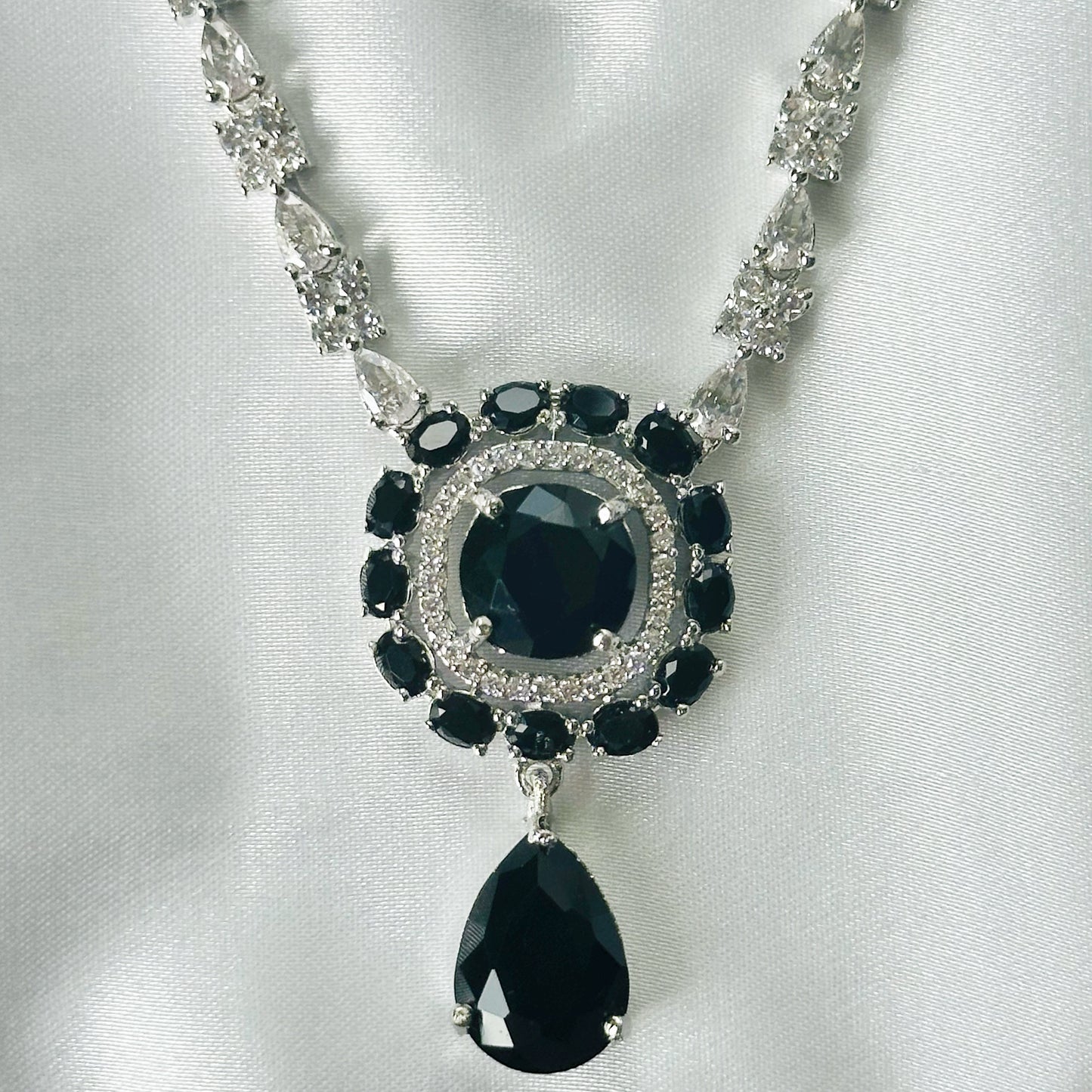 Black Zircon Stones American Diamond Silver Plated Rani Haar Necklace Set