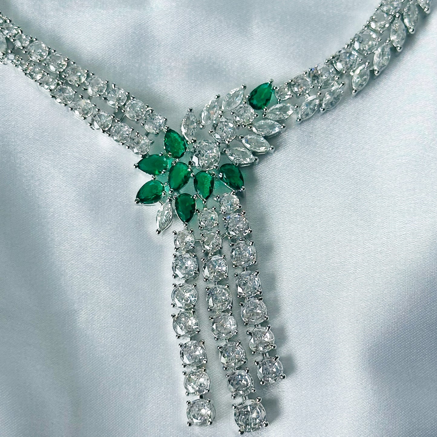 Green Emerald Cubic Zirconia American Diamond Silver Plated Necklace Set