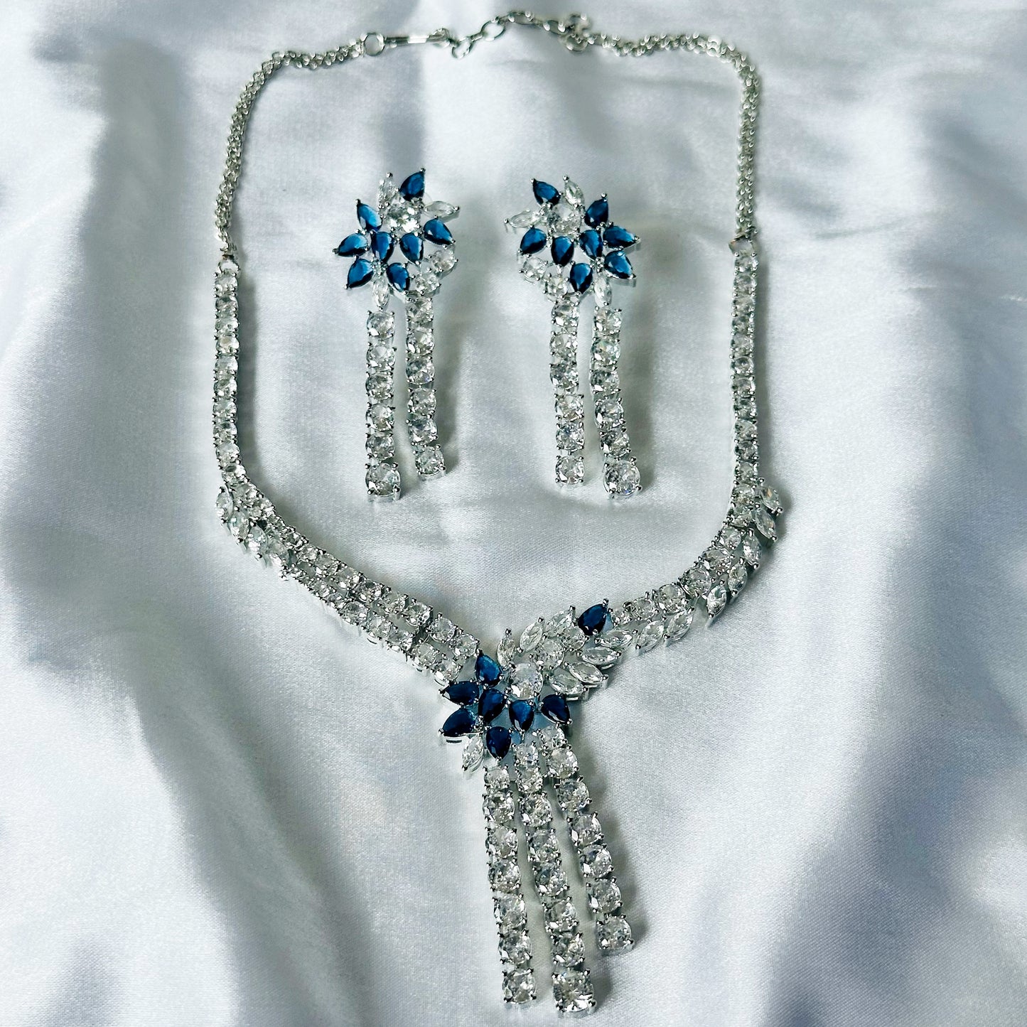 Blue Sapphire Cubic Zircon Stones American Diamond Silver Plated Necklace Set