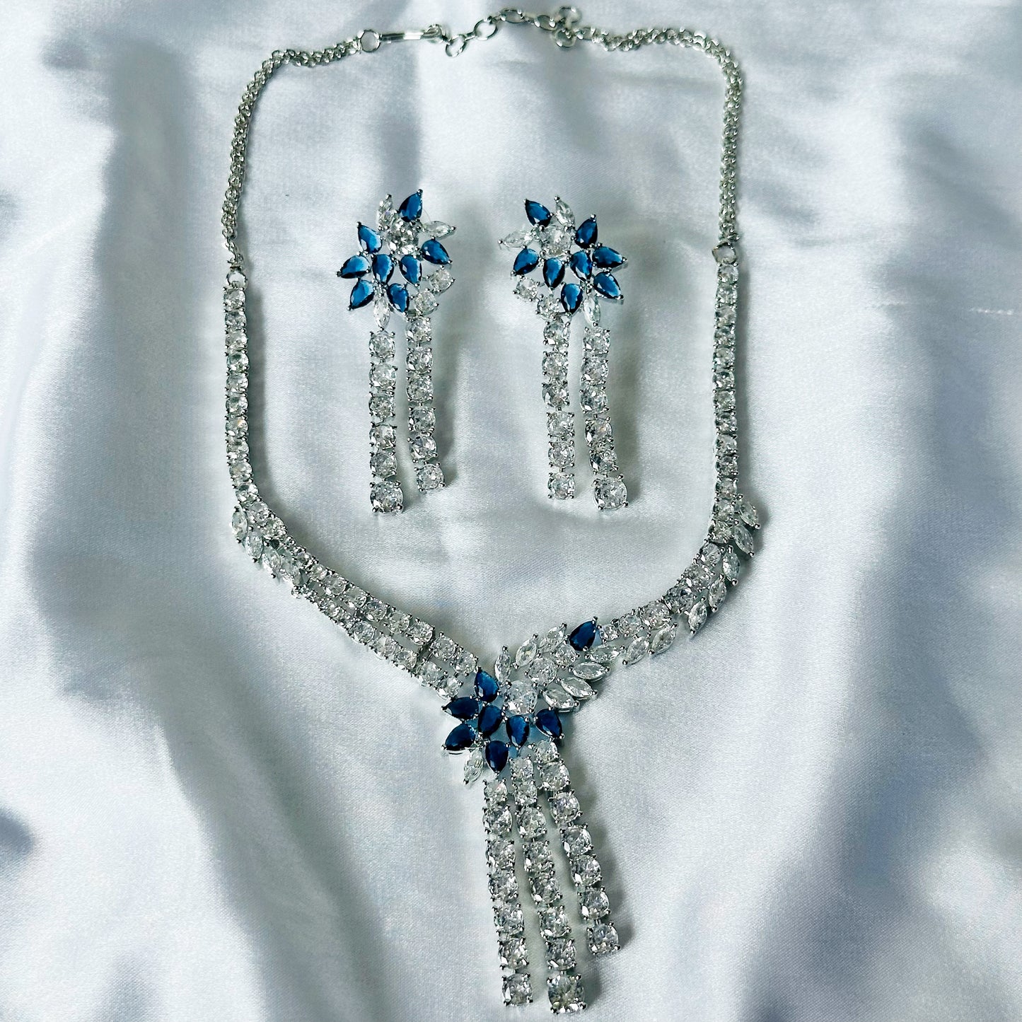Blue Sapphire Cubic Zircon Stones American Diamond Silver Plated Necklace Set