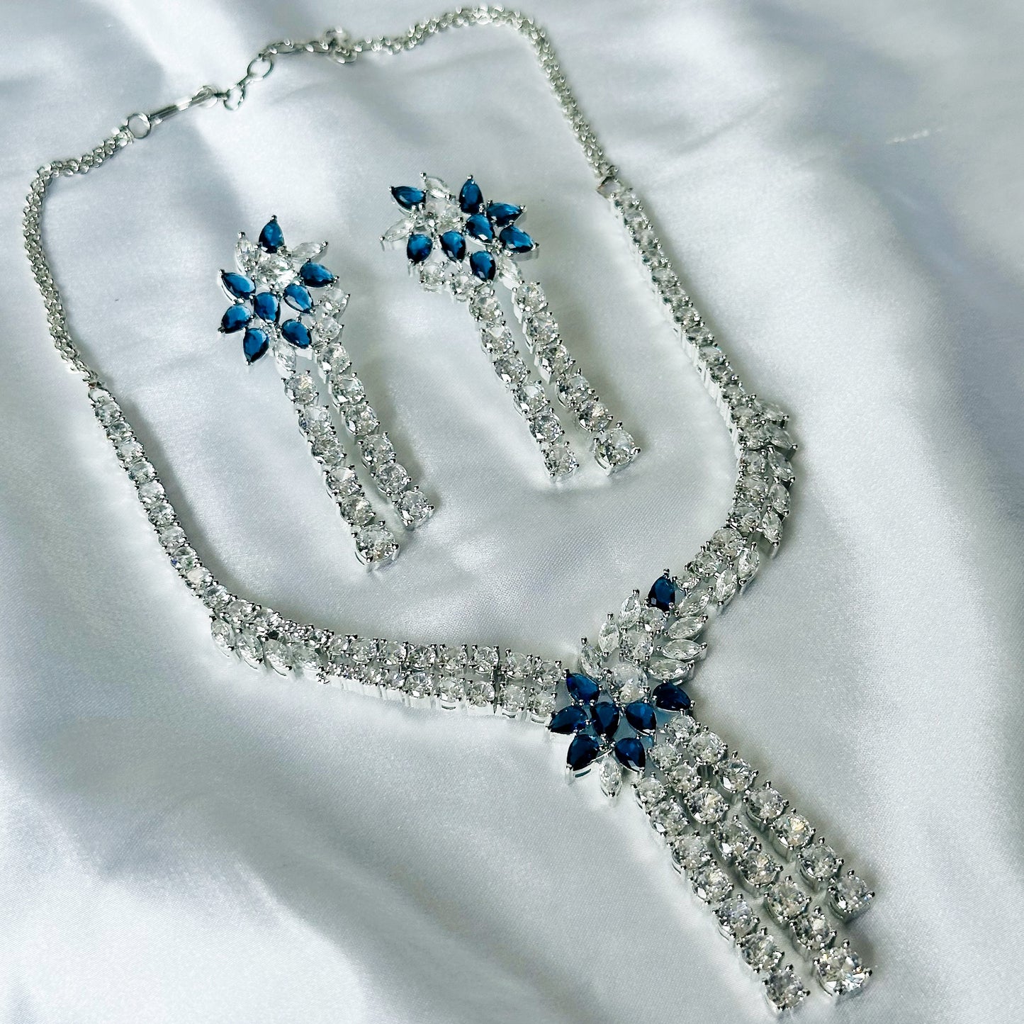 Blue Sapphire Cubic Zircon Stones American Diamond Silver Plated Necklace Set