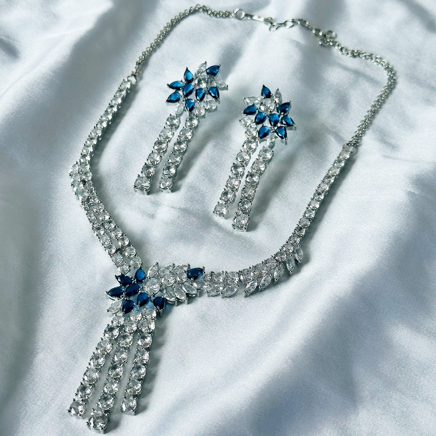 Blue Sapphire Cubic Zircon Stones American Diamond Silver Plated Necklace Set