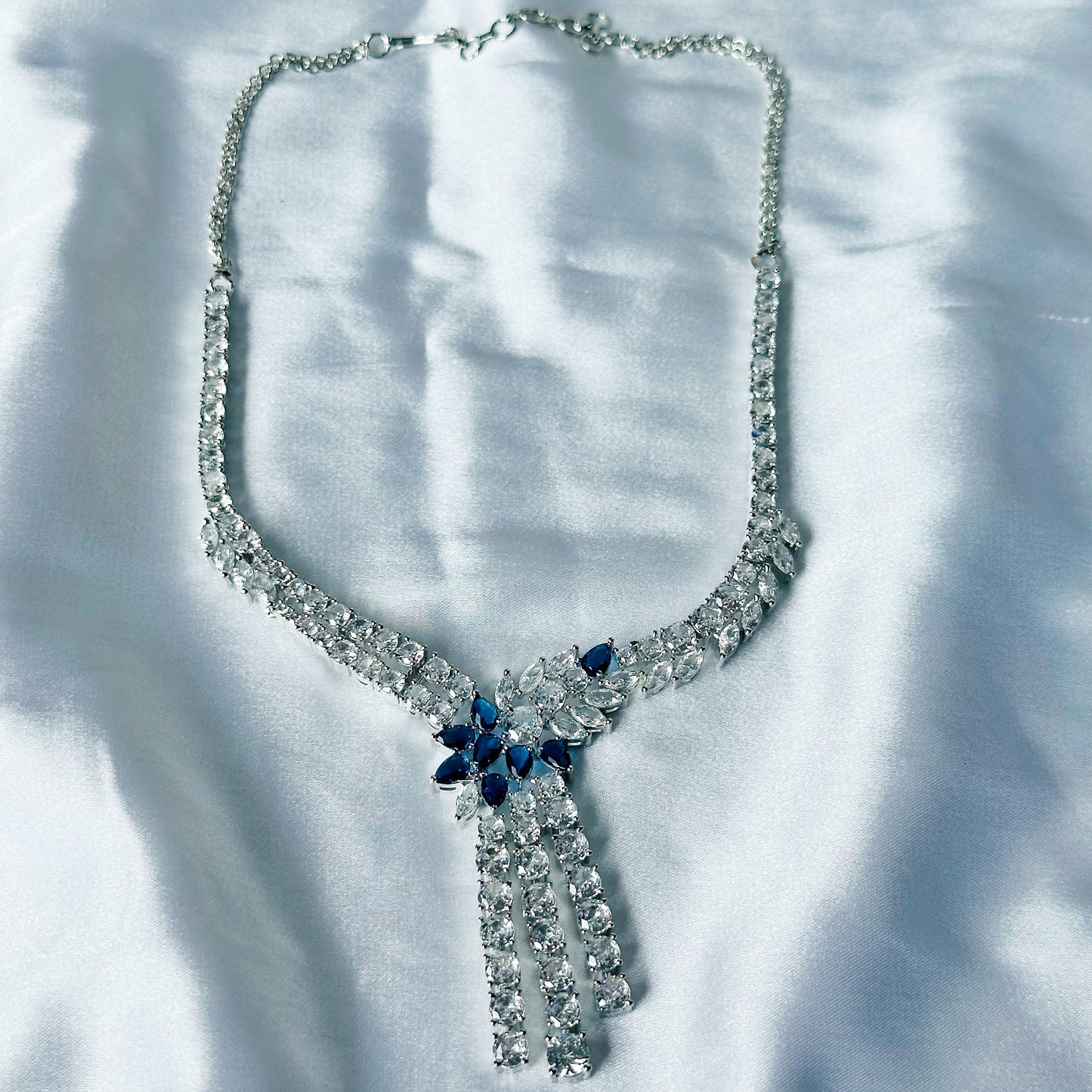 Blue Sapphire Cubic Zircon Stones American Diamond Silver Plated Necklace Set