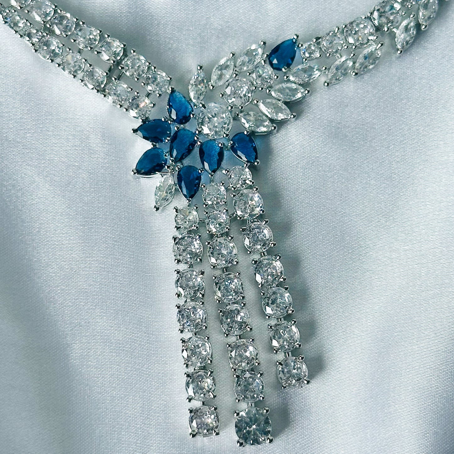 Blue Sapphire Cubic Zircon Stones American Diamond Silver Plated Necklace Set